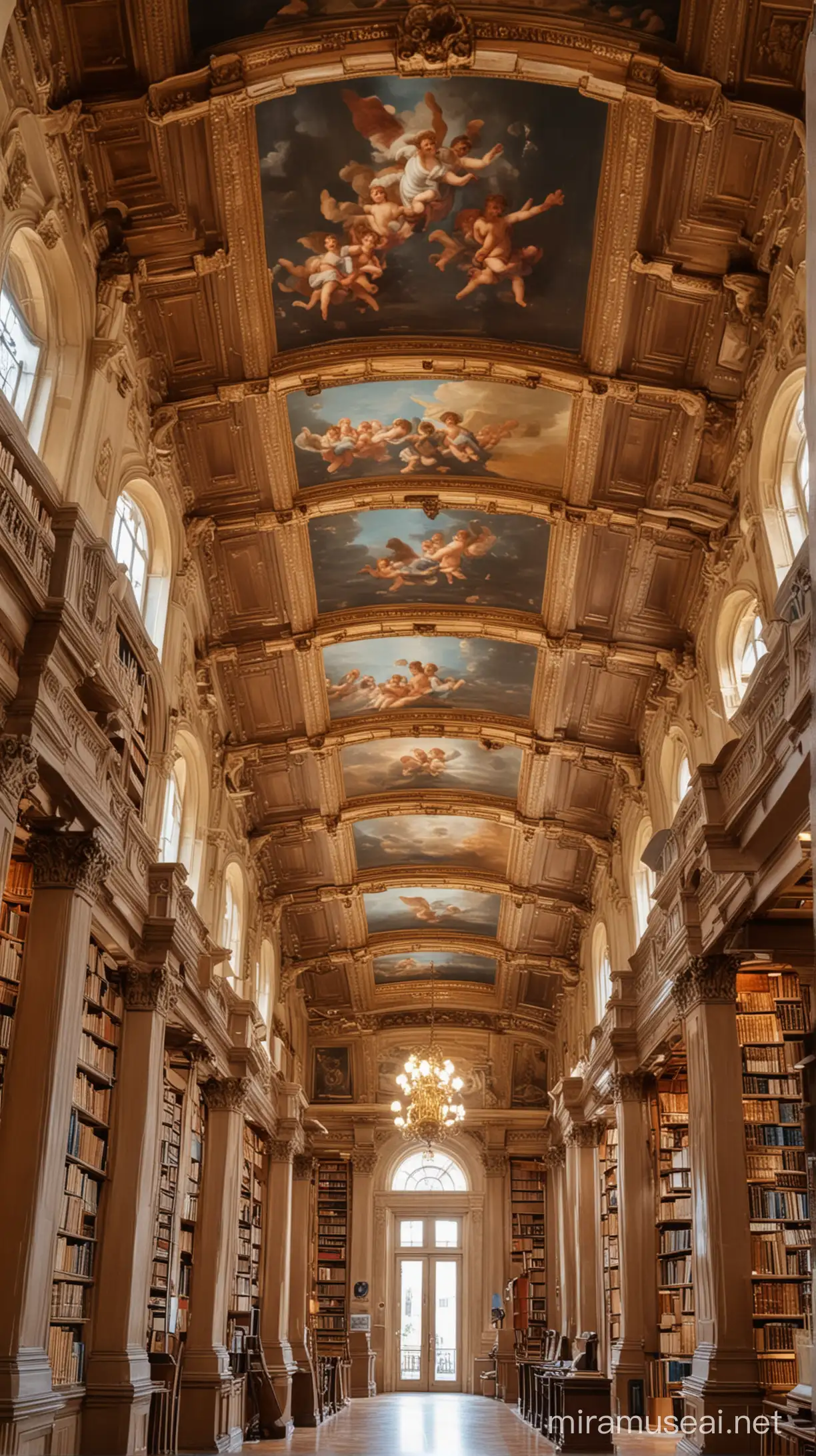 beautiful library, bright, full of books, complex architecture, the ceiling full of paintings with baby angels, classic design