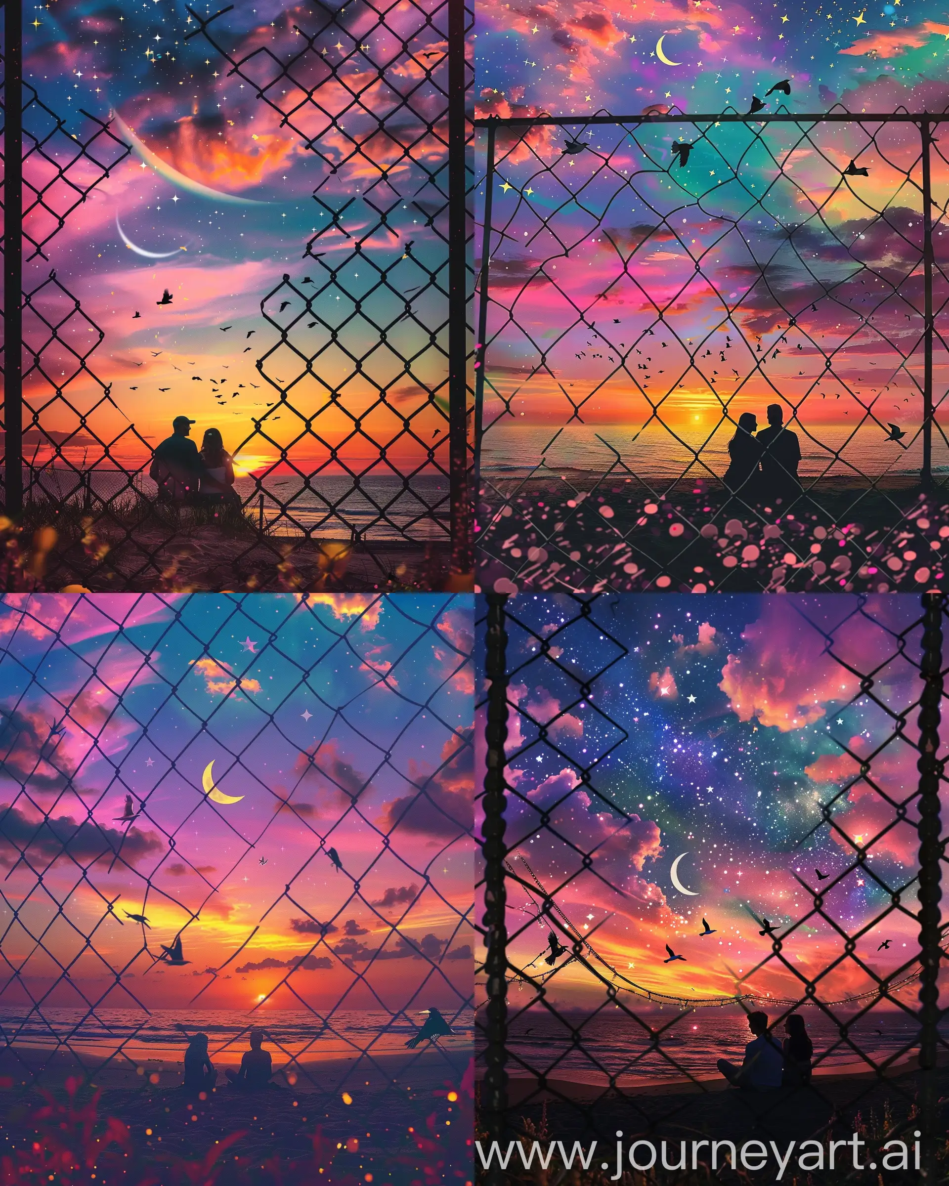 photo of couple sitting on beach, sunset sky with crescent moon and stars colorful clouds flying birds horizon line of ocean seen through chain link fence in the style of collage art pink purple blue yellow orange green --ar 51:64