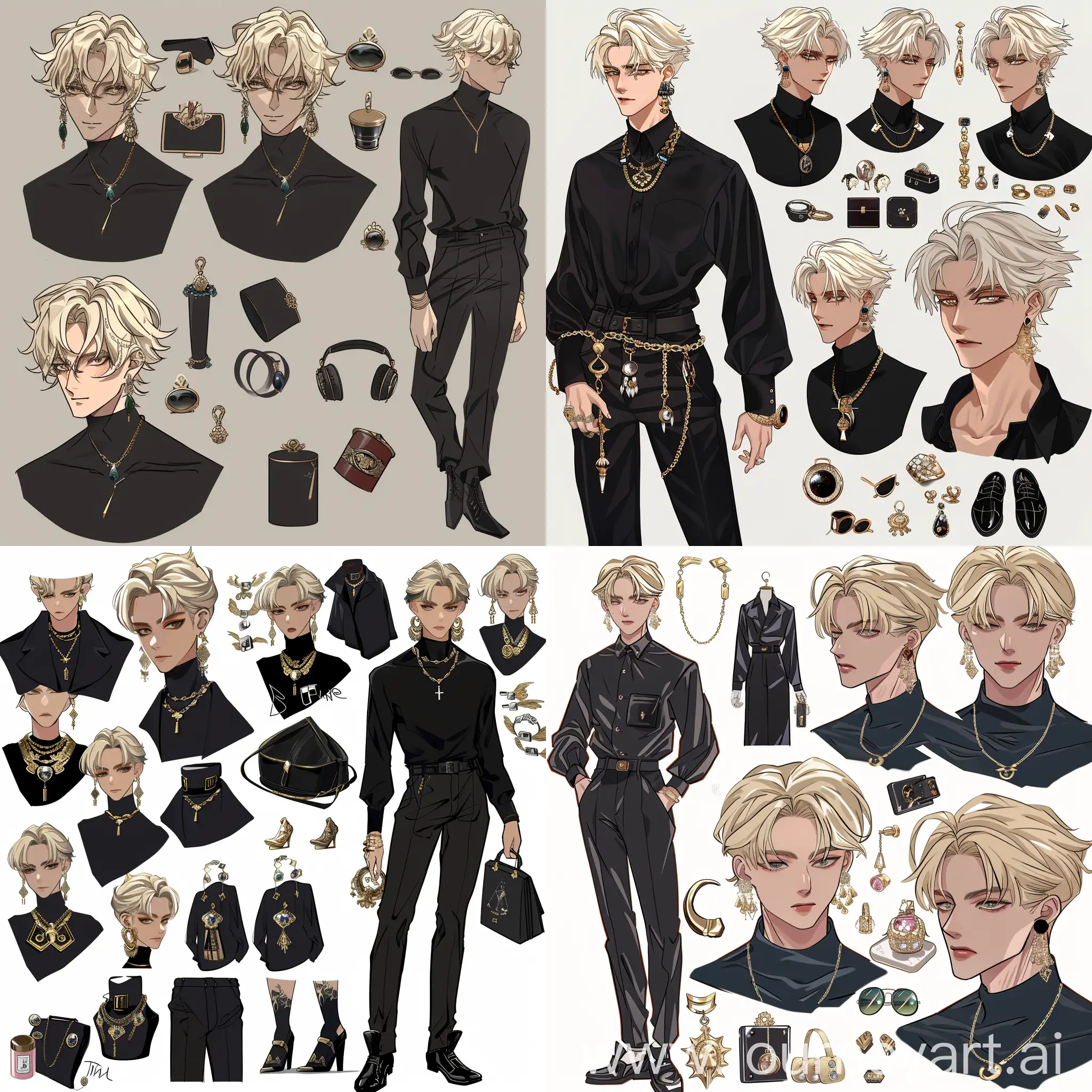 Anime OC reference of a blond guy. dressed all in black. with earrings. protruding strands. white-skinned. he has well built body. The reference shows many of his emotions and his favorite expensive things. full body. shade. strong variations