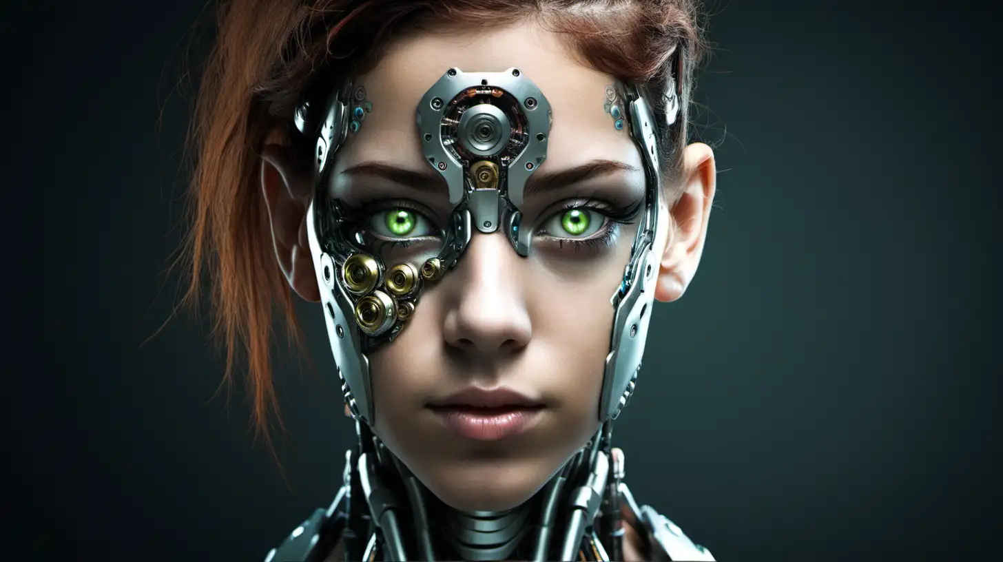 Cyborg woman, 18 years old. She has a cyborg face, but she is extremely beautiful. Olive green eyes.