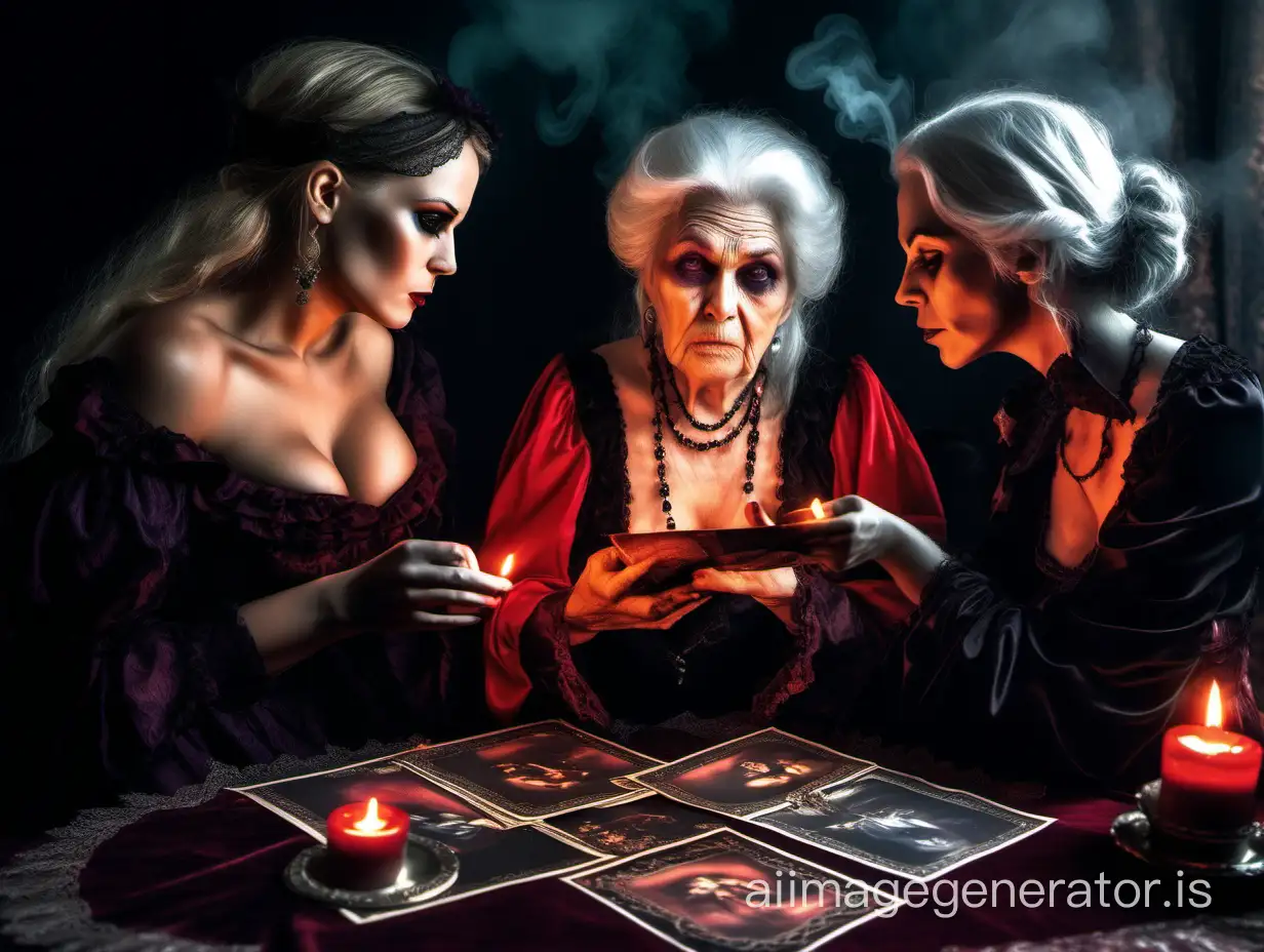 Victorian era, evil old old woman fortune teller at table with smoke wants possess young body of pretty busty princess by kissing magic, fashion full body photo, Ouiji board, black cat, lit candles, long red velvet curtains, thunderstorm, spooky cinematic, two busty women