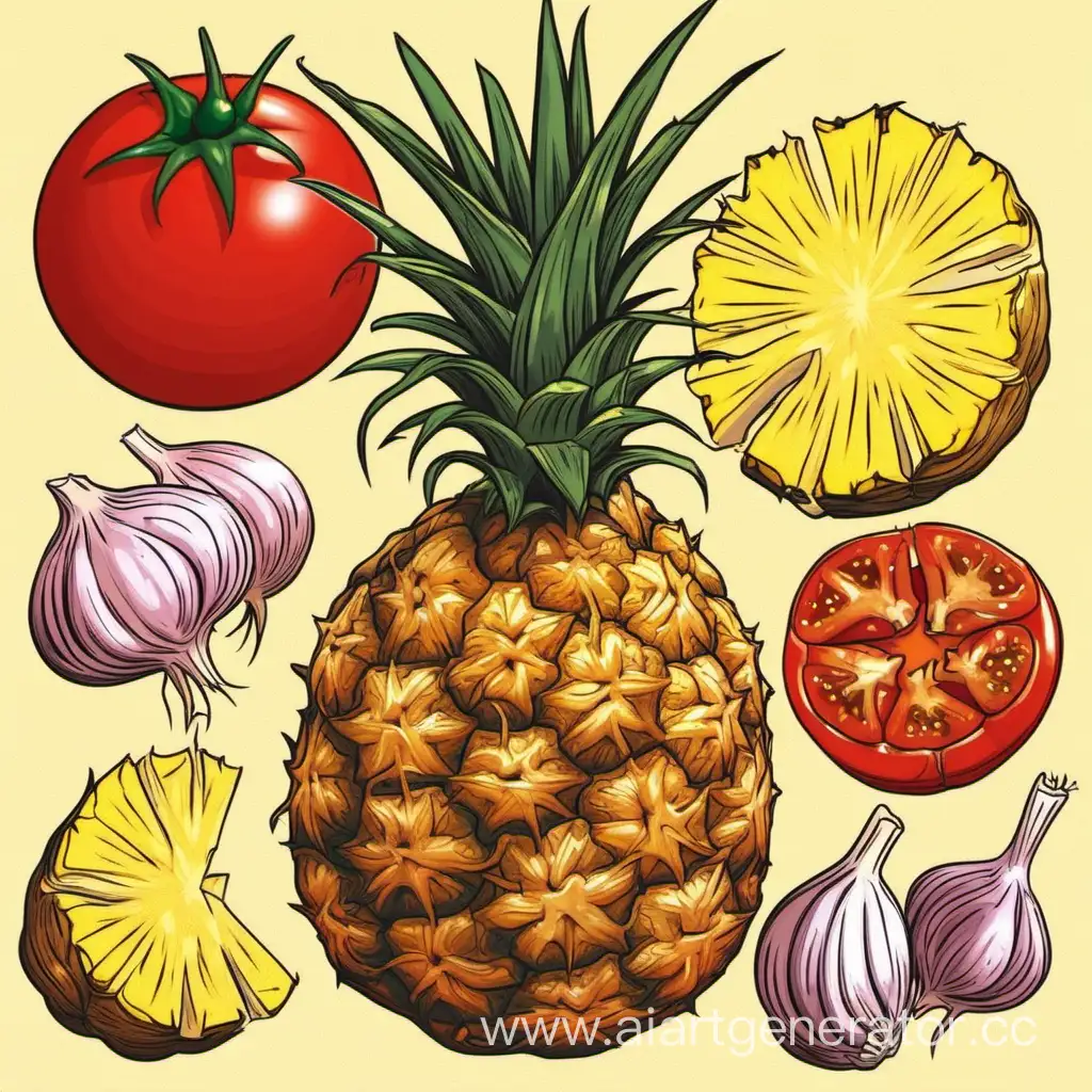 Vibrant-Garlic-Pineapple-and-Tomato-Medley-on-a-Kitchen-Table