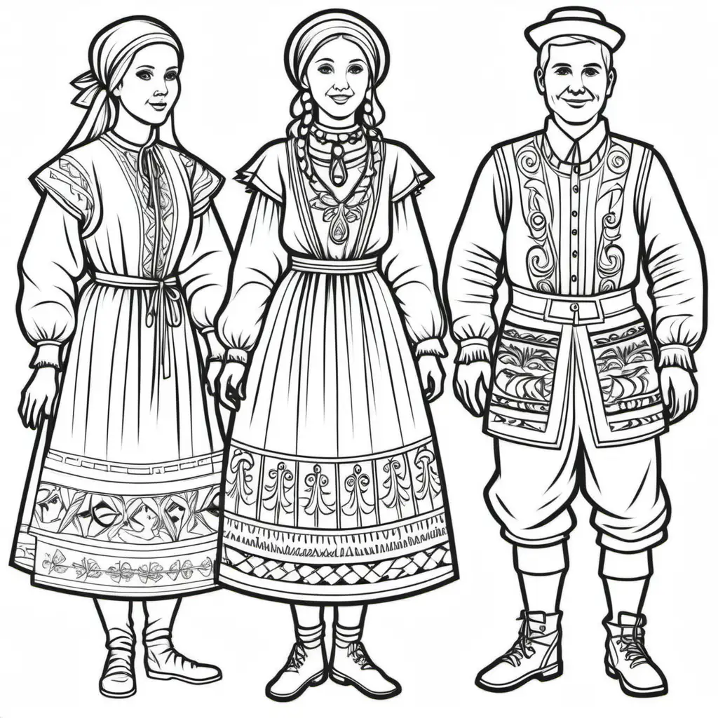 Traditional Folk Costume Coloring Page for Relaxation and Creativity