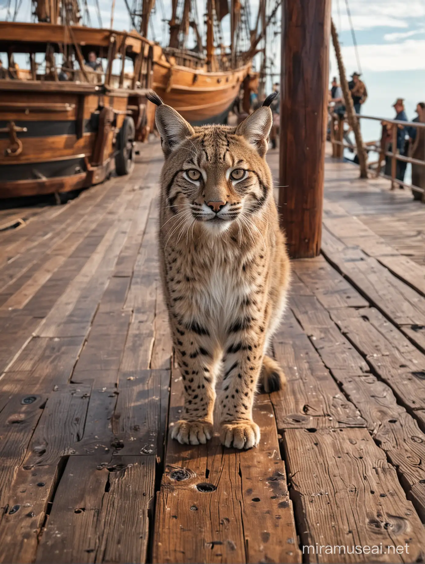 Bobcat, walking on the wooden floor, at the main deck of the pirate ship, sailing.