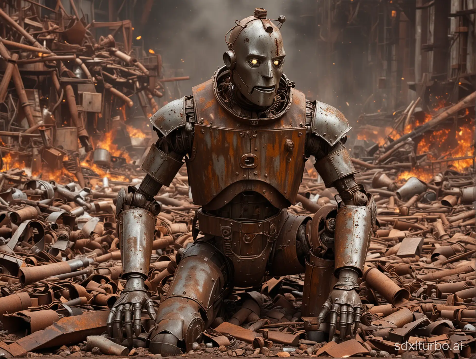 The rusty Tin Man character from The Wizard of Oz is rusted and dumped on a pile of rusty scrap metal parts ready to be incinerated in a blast furnace
A highly realistic clear high resolution photo rendering.