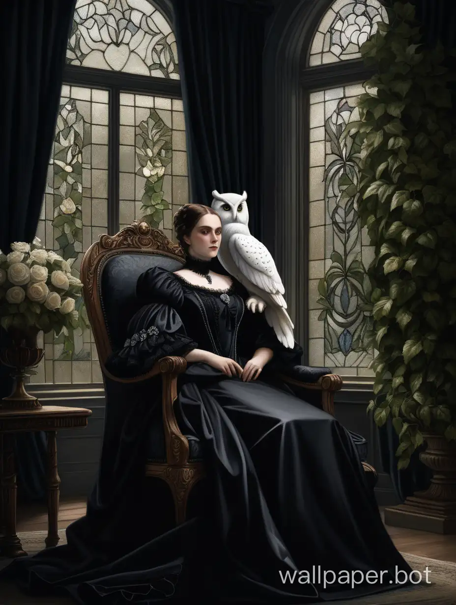 A woman dressed in a black Victorian dress sits in an armchair with a white owl on her shoulder. The room is dark, and through a large window, dense ivy is visible. Dark colors, soft light.