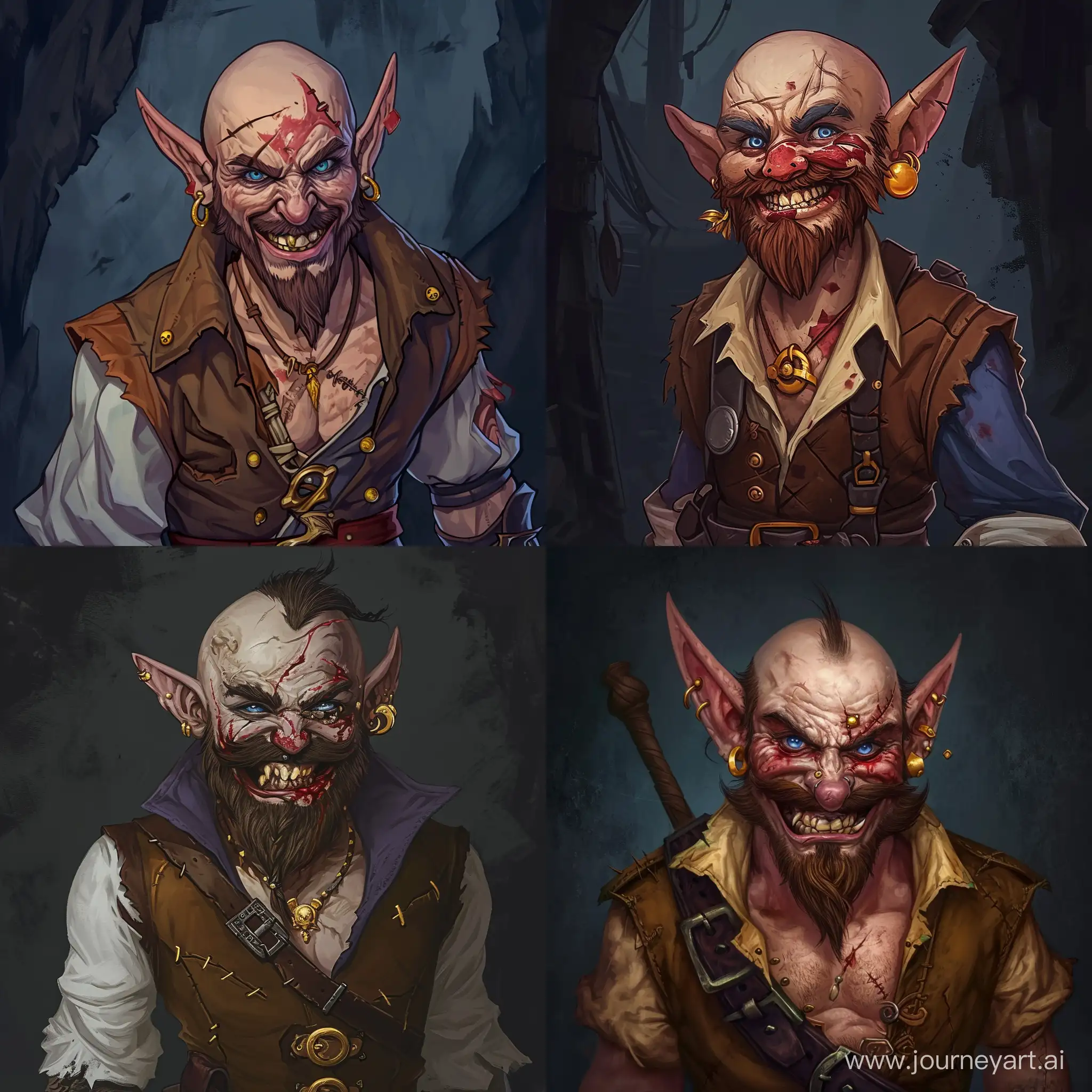 Half-elf, ears are not big, pirate, red scar, scarface, scar on face, big scar, WARLOCK, POOR CLOATHES brown pirate vest, bald, no hair on head, big beard with mustache, brown hair, blue eyes, one gold tooth, angry with a smile, SMILE WITH TEETHS, conjures fire magic, dark gloomy background, young, ears are not big, one golden earring, anime style