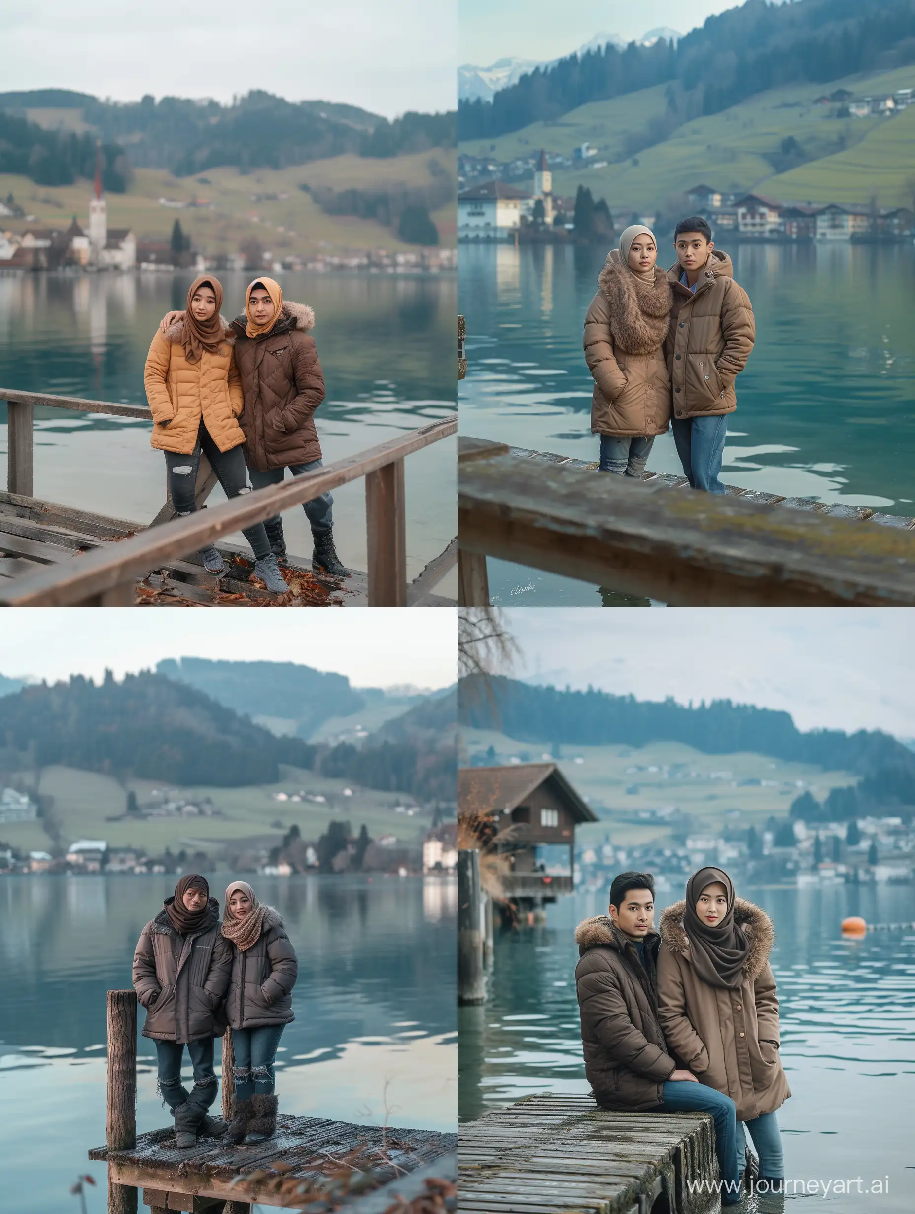 A pair of men and women wearing Javanese Indonesian hijabs (25 years old, long and clean faces, Indonesian hair, thin bodies, brown skin, thick winter jackets, jeans) stand posing like Swiss models, behind them are hills and lakes. The photo is slightly tilted to the side, the face looks clear and detailed, sitting on the edge of a calm lake with a backdrop of beautiful Swiss mountains and buildings that look a little small. They seemed to be enjoying the beautiful view with clear lake water and green mountains. The wooden pier on which they stand, provides a beautiful perspective of the location. , low light, ultra HD, real photo, high detail, photography, ultra sharp, 18mm lens, realistic, photography, Leica camera
