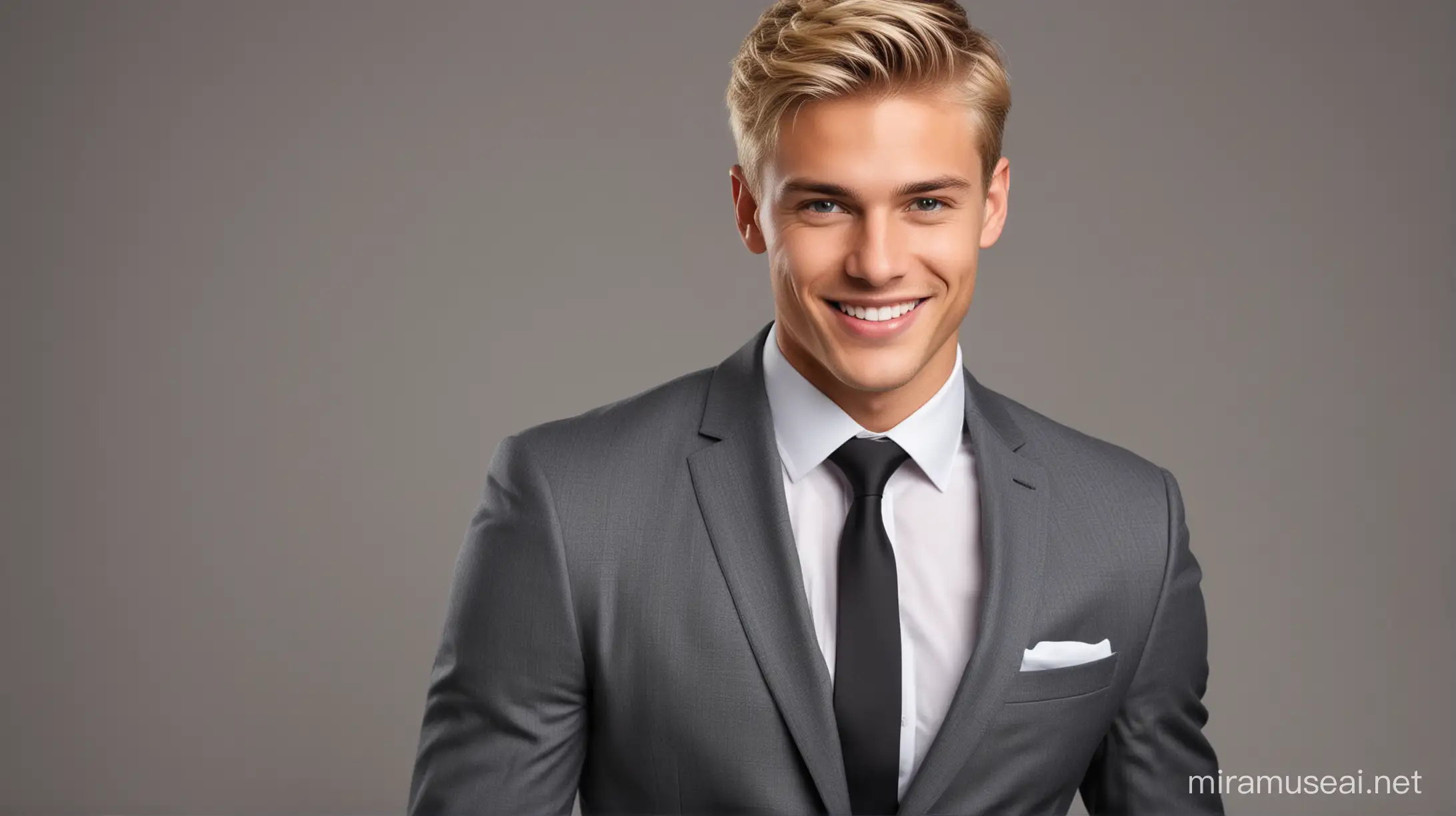 handsome and stylish smiling young man, short blonde hair, wearing a modern slim-fit charcoal suit, with a crisp white dress shirt and a contrasting tie