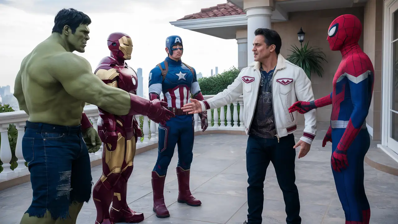 Generate an image showing the superheros Hulk, iron man, captain america and spider man standing with Bollywood superstar Salman Khan in house balcony, long shot, salman khan shaking hands