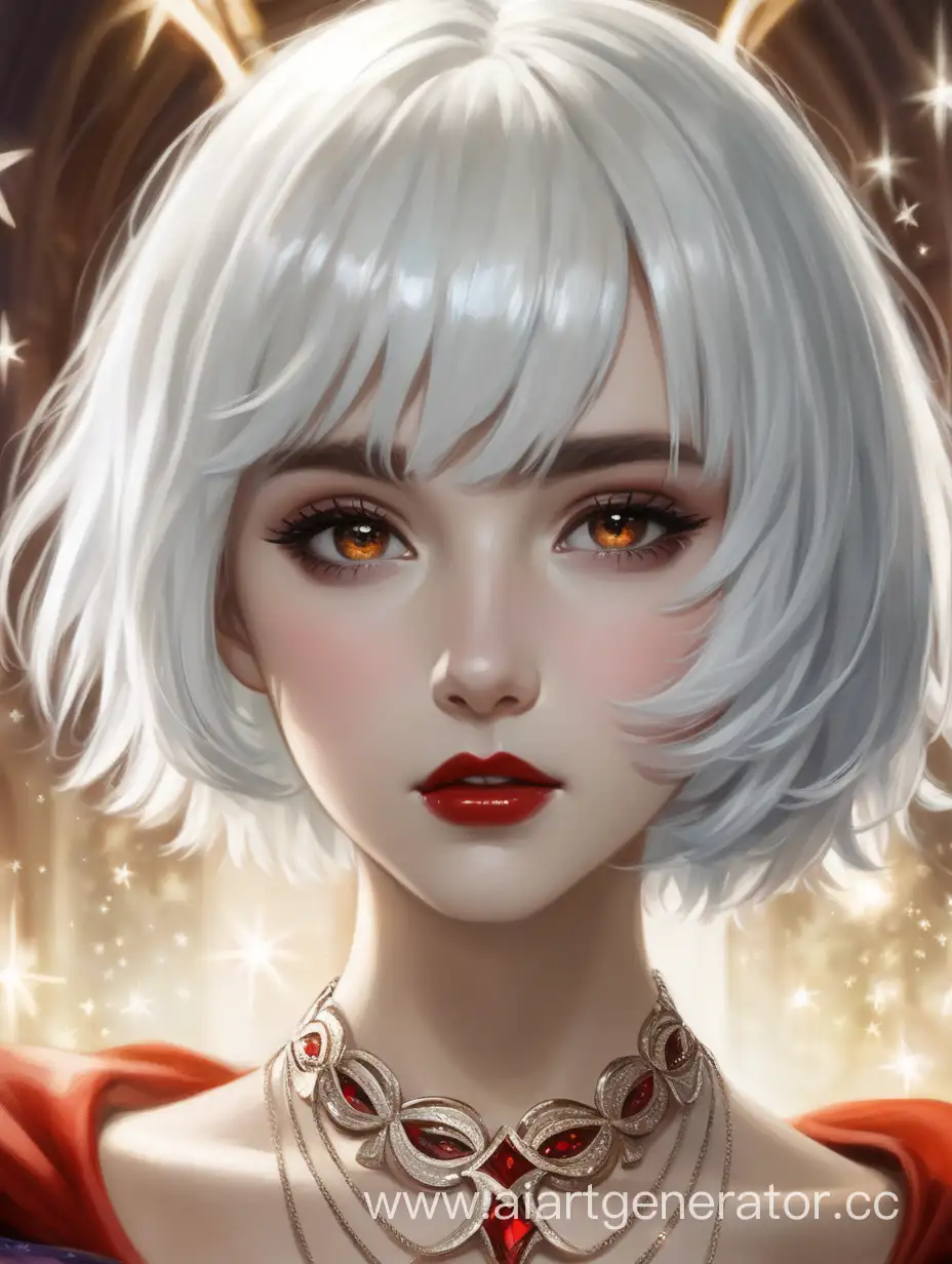A very beautiful girl with short white hair, light brown eyes, and shiny red lips, wearing a magical necklace.