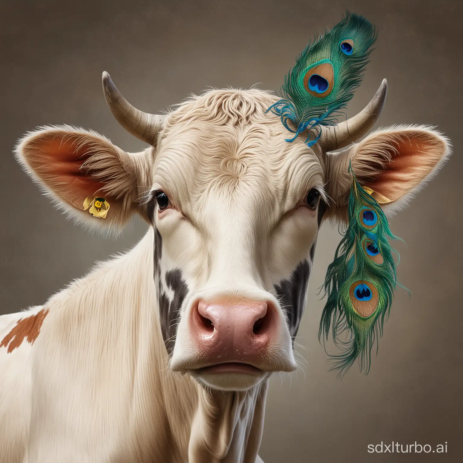 Majestic-Cow-Adorned-with-Vibrant-Peacock-Feather