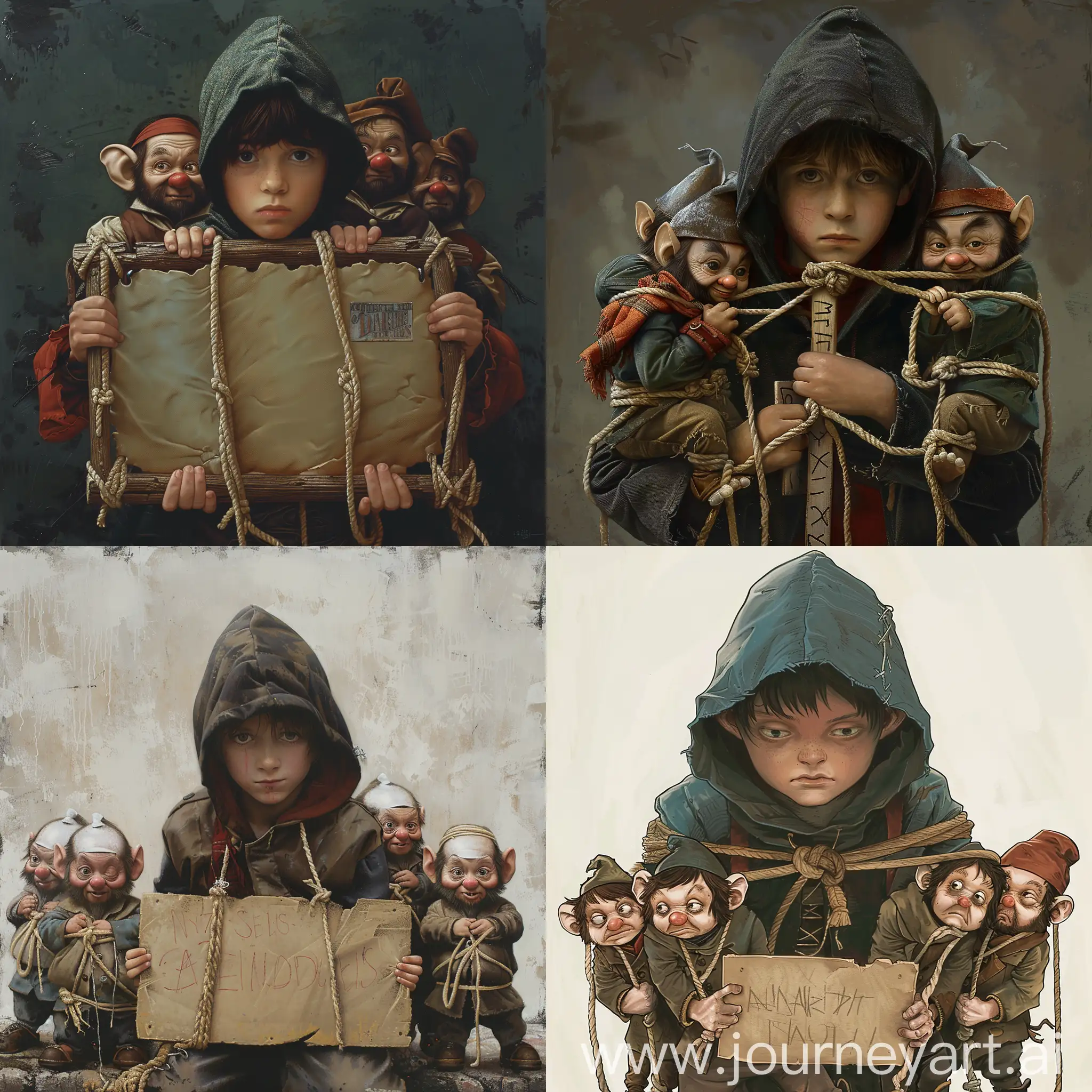 Hooded-Boy-Leading-Captive-Dwarfs-with-Sign