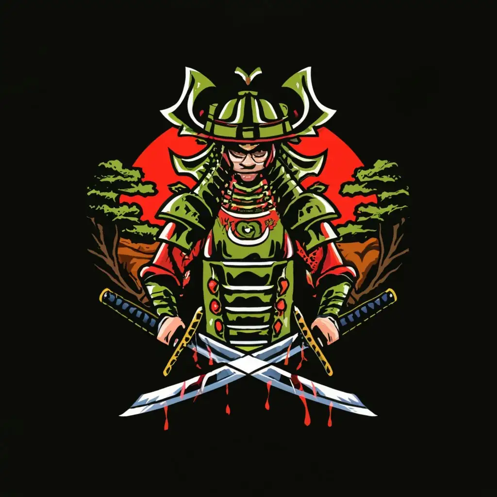 a logo design,with the text "._.", main symbol:anime samurai with two katanas staying in forest where is raining,complex,clear background