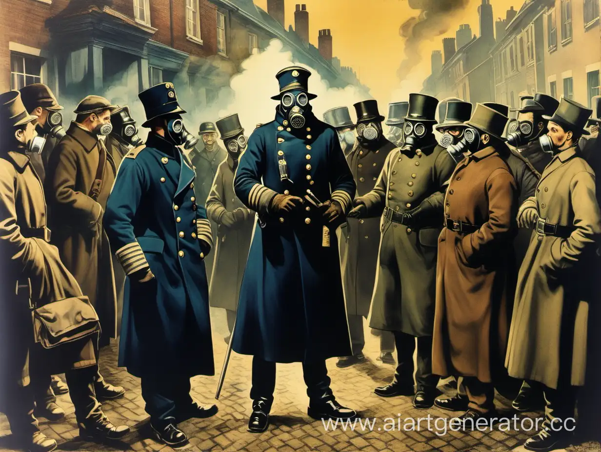 На плакате изображена встреча офицера в противогазе и шинели, горожанами без противогазов и в обычной одежде.