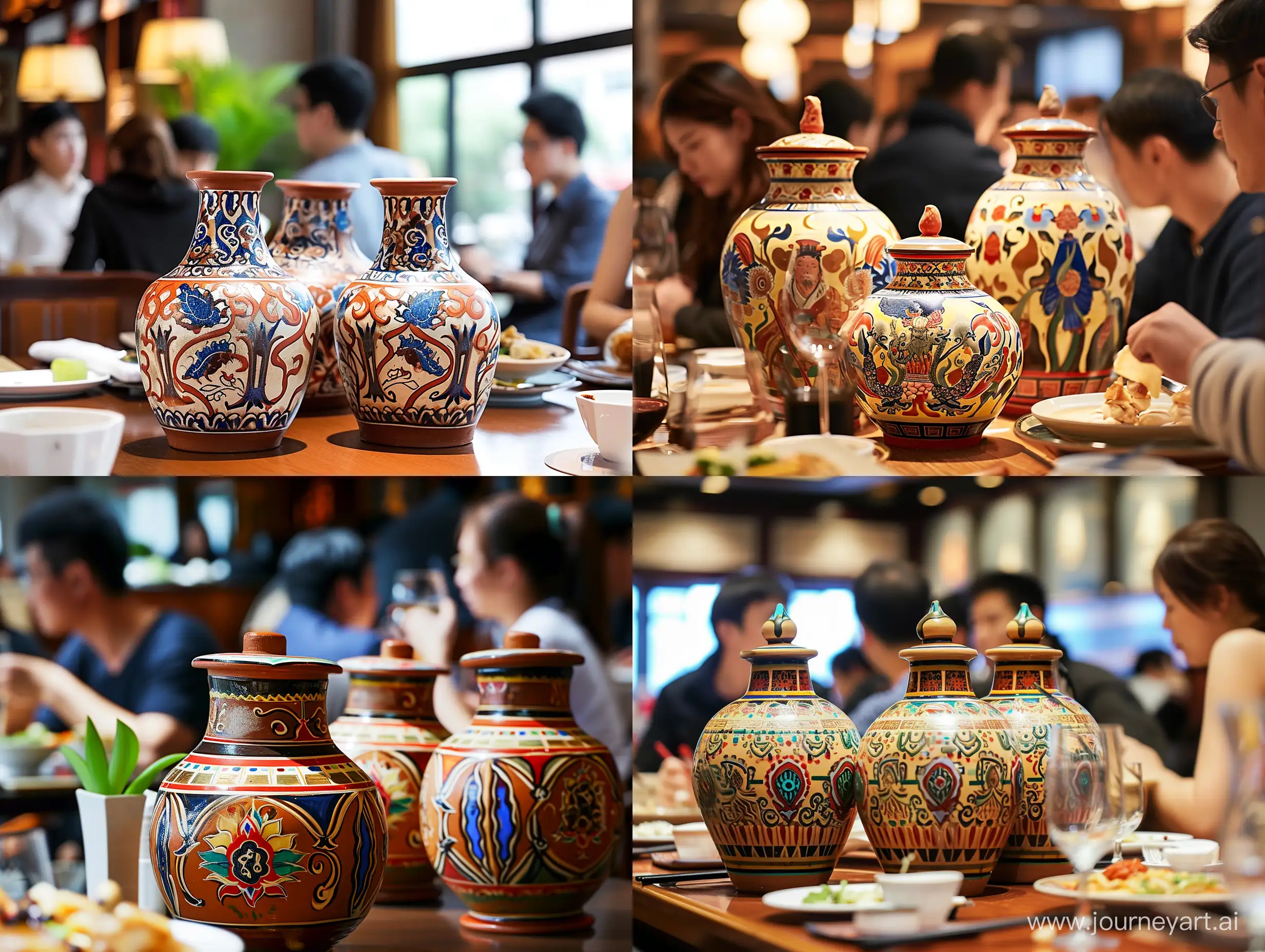 一个酒楼内，一群人正在吃饭，桌上放着三个陶土酒坛，彩色中国风，水墨画风格，二次元漫画，高清，高级感，大师之作，古代，东方美学。