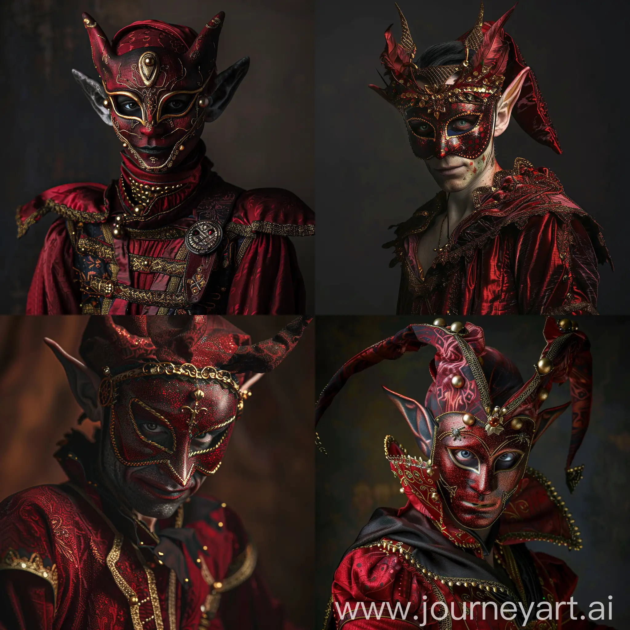 Dark fanatasy elf guy, in dark red carnaval mask, red clothes with gold