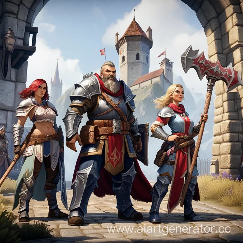 Три персонажа: в центре бородатый богатырь-страж с молотом, справа от него девушка стражница, слева девушка маг, охраняют вход в средневековый город, стиль Divinity original Sins 2