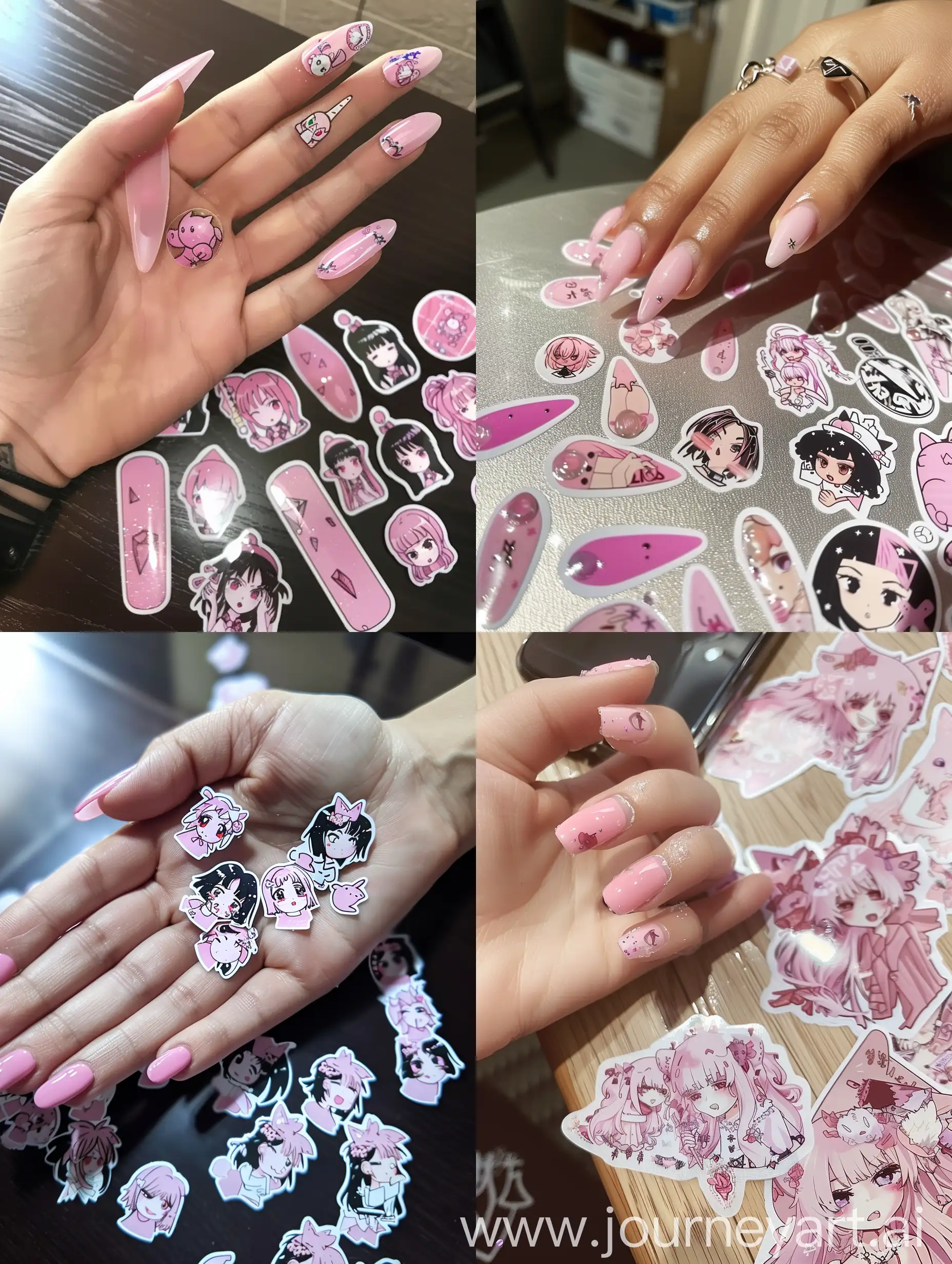  a selfie  girl hand wity pink nail art, and many much pink anime sticker on the table --ar 3:4