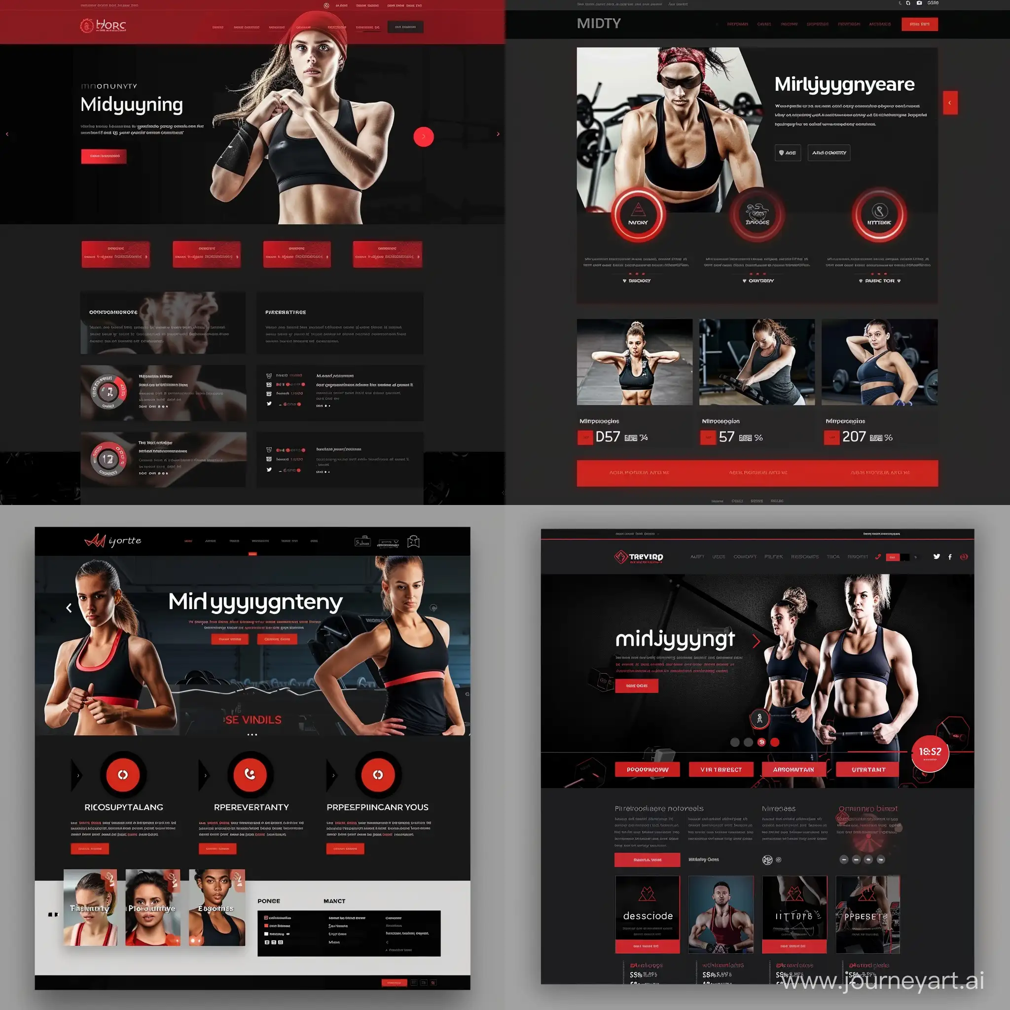 Create a dynamic gym website for the midjourney fitness enthusiast. With a sleek black background symbolizing resilience, accentuate with red buttons for vitality. Showcase progress imagery and member testimonials. Offer easy navigation to personalized plans, progress tracking, nutrition, and community support. Empower users to persevere and thrive with a streamlined and motivational interface