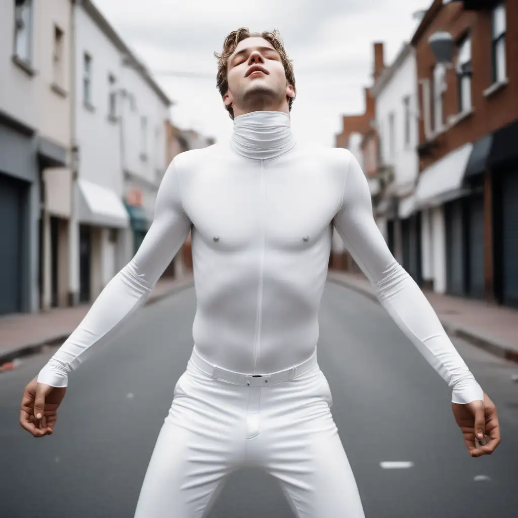 handsome young man, blind, closed eyes, holding hands to head, skintight white costume, floating in mid air, street, day