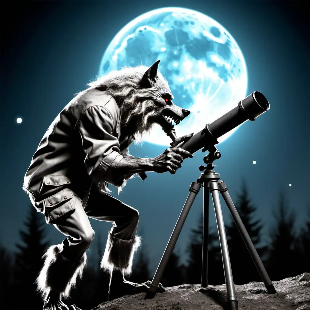 Enigmatic Wolfman Gazing at the Full Moon Through a Telescope