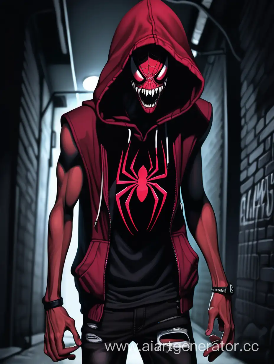 Menacing-Crimson-Spider-with-Sharp-Teeth-Emerges-from-Dark-Alley