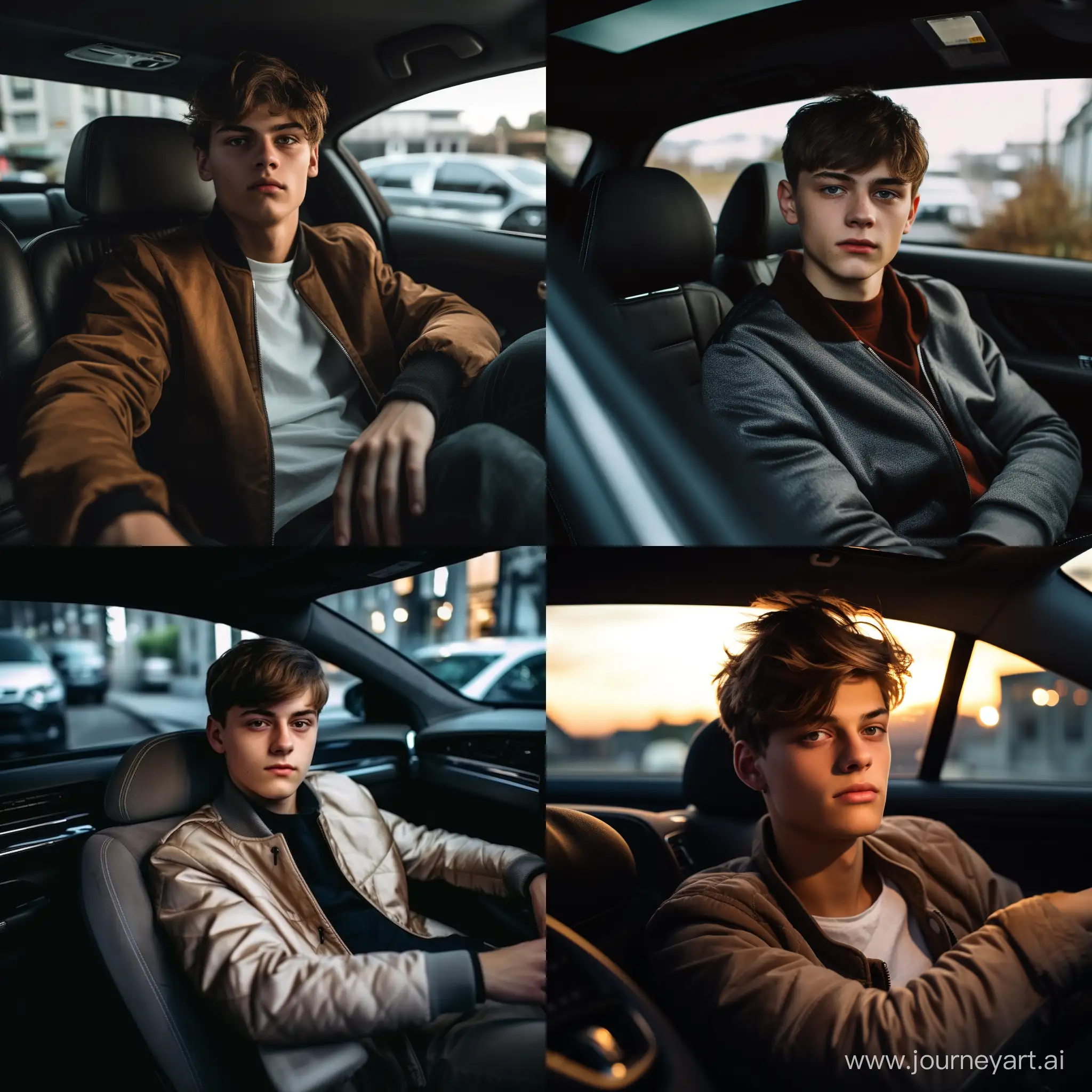 A sophisticated, realistic 4k cinematic photo, teenager, Not a mature 16 years old. European appearance with classical darkbrown medium length Fringe haircut. He's wearing brand-new casual clothes. He is sitting in back seat of Mercedes maybach car, long exposure, close-up portrait In the style of 35mm film