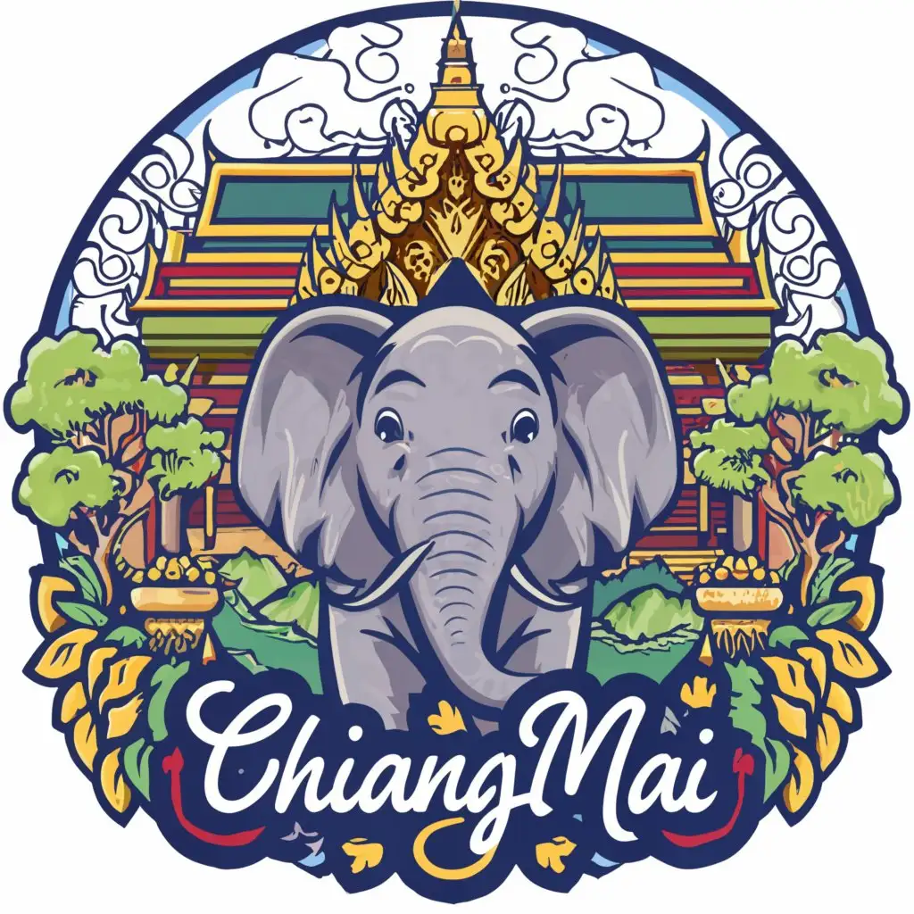 LOGO Design For Chiang Mai Thailand, with the text Chiang Mai, Happy Elephant Symbolizing Joy and Adventure amidst Green Mountain Forest and thailand Temple