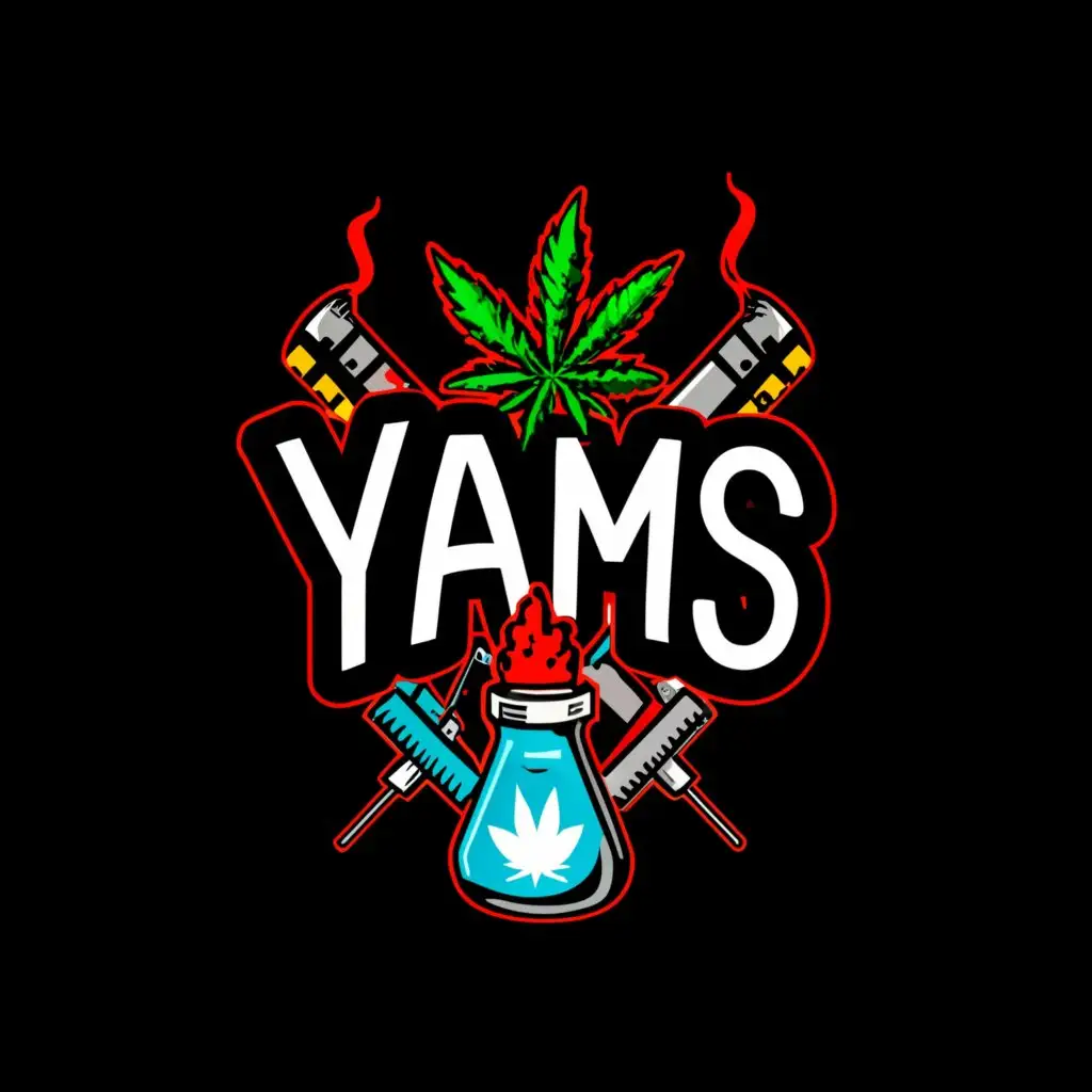 a logo design,with the text "YAM$", main symbol:cigarettes ,Weed leaf,bottle of syrup,red eyes,injections,complex,clear background