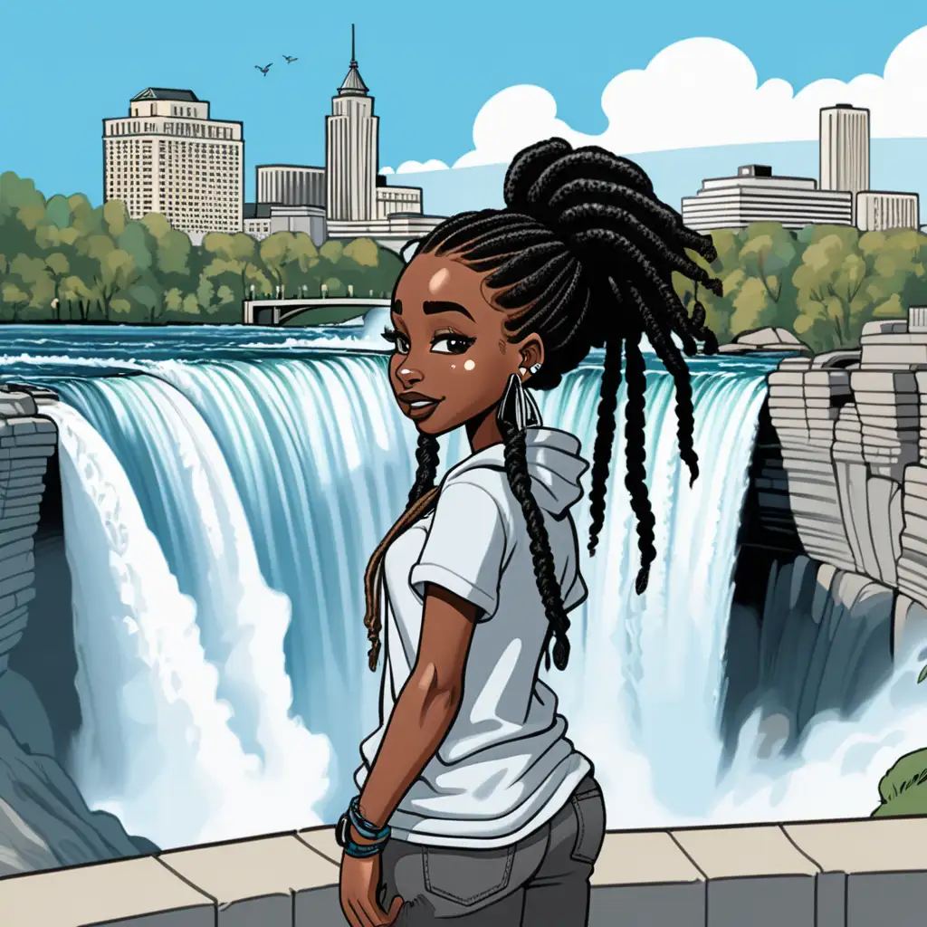 cartoon college fashion black girl with dreads in front of niagra falls