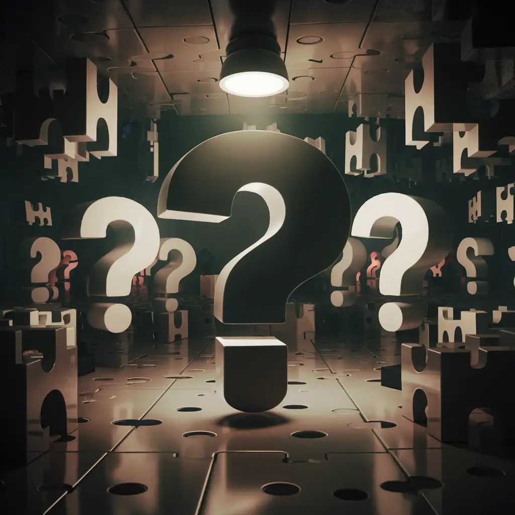 3d background, dark, playful, high definition, puzzles, enigma, question mark shapes
