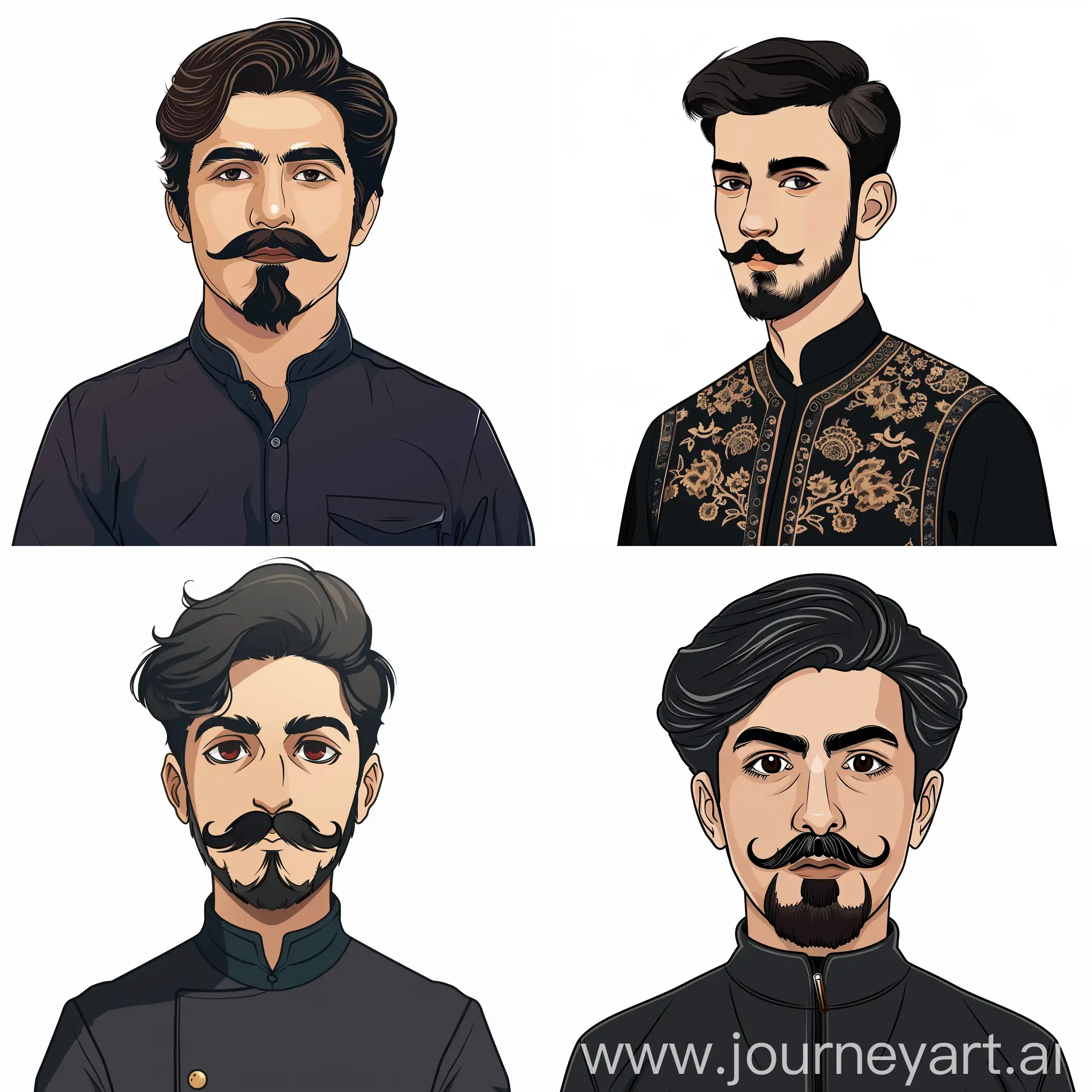 Full length, an Iranian young man with Qajar Mustache, white and simple background, without beard, cartoon style