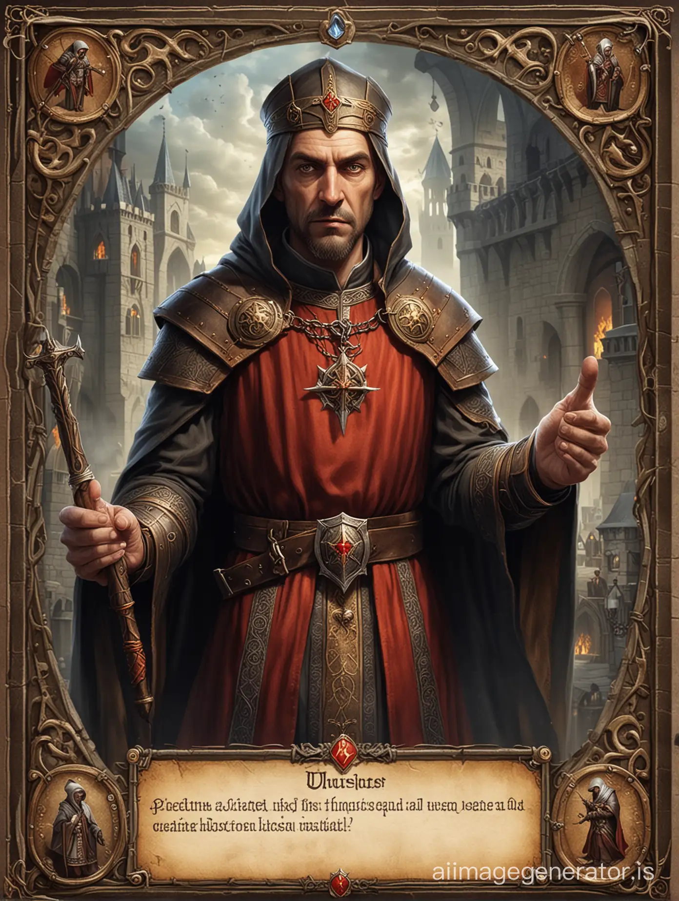 create a board game card representing an inquisitor priest in the Middle Ages