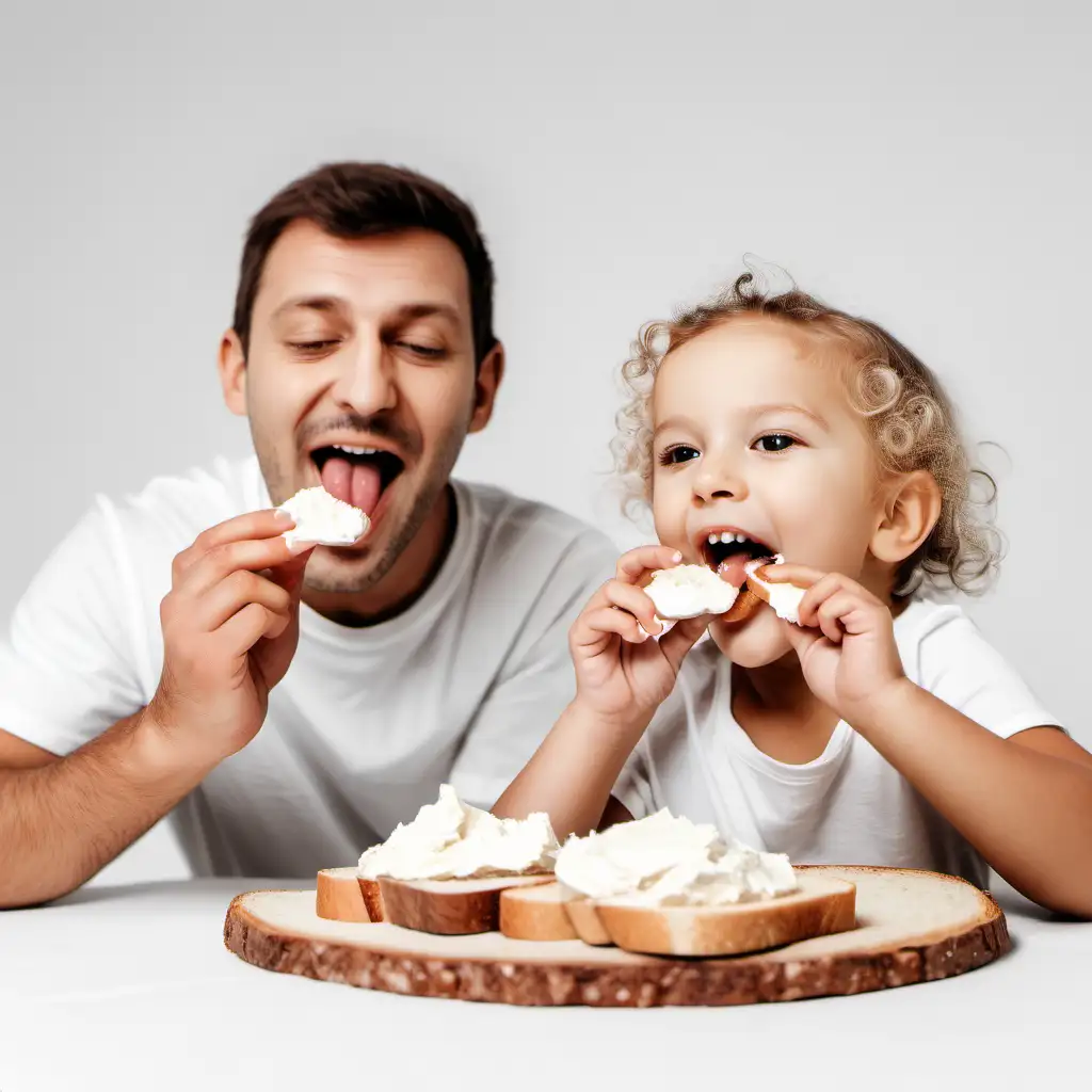 happy family licking fingers with cream cheese on bread on a white background 