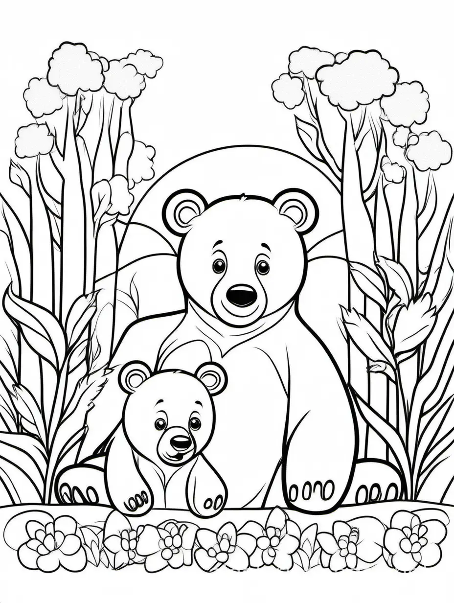 Bear and his baby for Kids is easy , Coloring Page, black and white, line art, white background, Simplicity, Ample White Space. The background of the coloring page is plain white to make it easy for young children to color within the lines. The outlines of all the subjects are easy to distinguish, making it simple for kids to color without too much difficulty