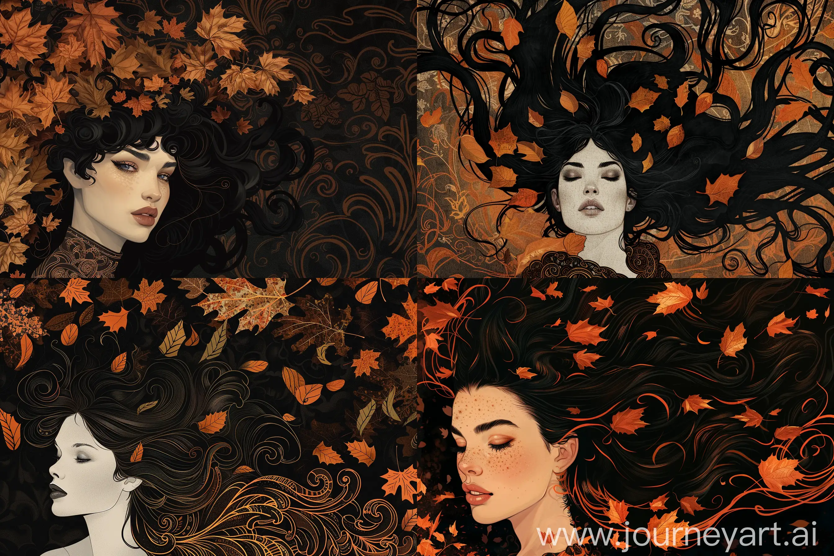 an illustration of a woman with black hair, an art deco, inspired by Jeremiah Ketner, many orange and brown autumn leaves for hair, dark background, maxim sukharev, baroque, extremely detailed, lovely gesicht expression, gustav klimt style  --q 2 --ar 3:2