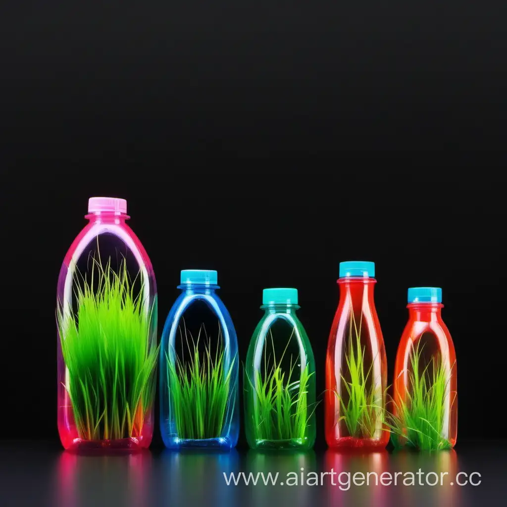 Vibrant-Grass-Grows-from-Colorful-Plastic-Bottles-on-Black-Background