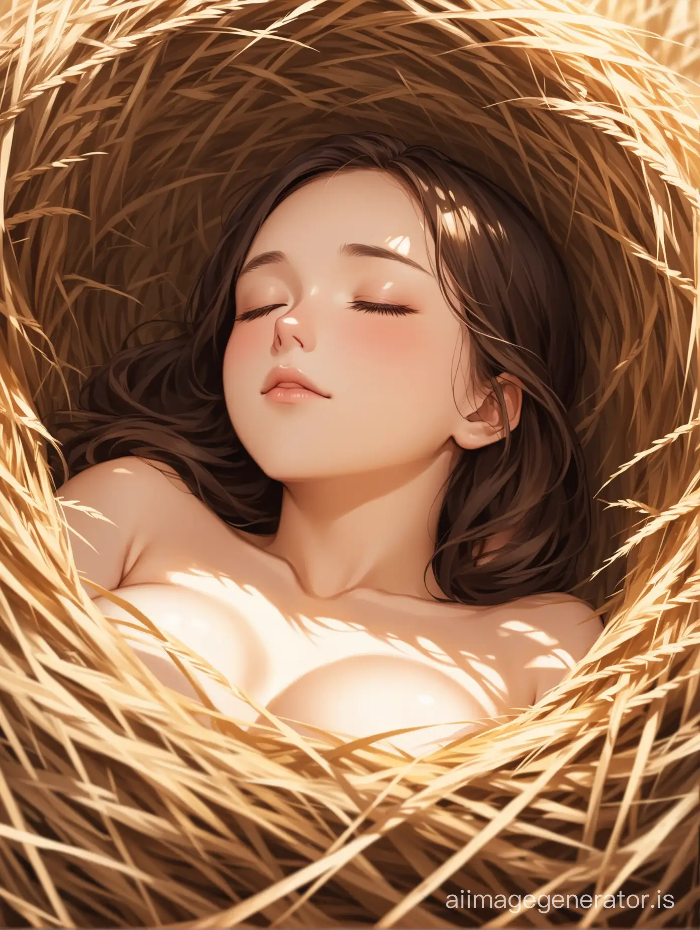 голая красивая  юная девушка  крестьянка, лежит на сеновале, райское наслаждение, закрытые глаза 