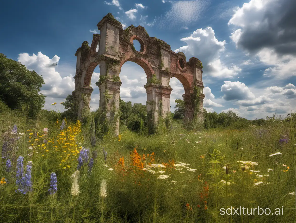 An old ruin surrounded by wildflowers and herbs, majestic cloudscape