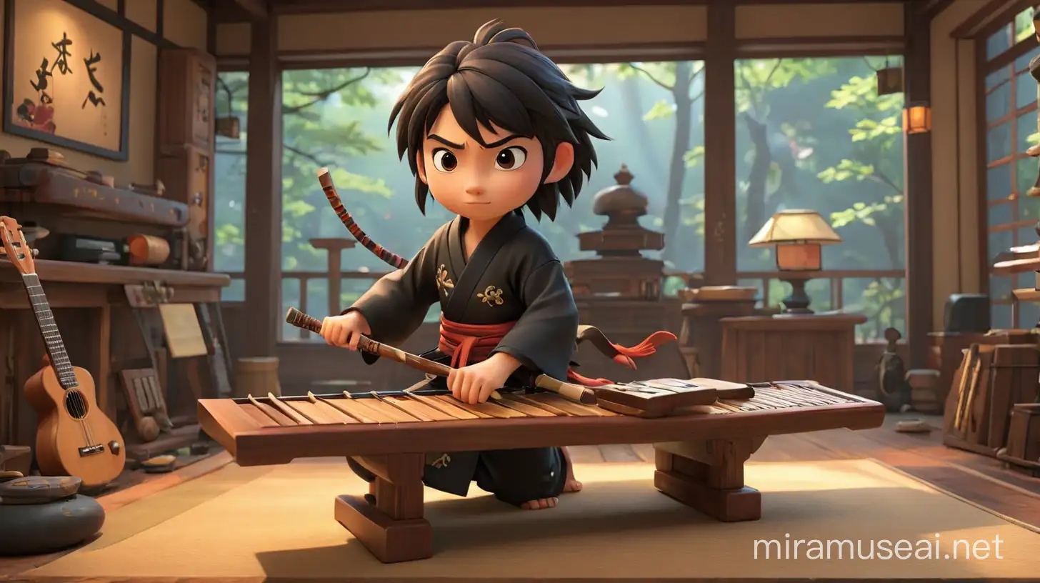 Imagin ninja play koto ,3d ,pixar , animation, in japan music studio, 