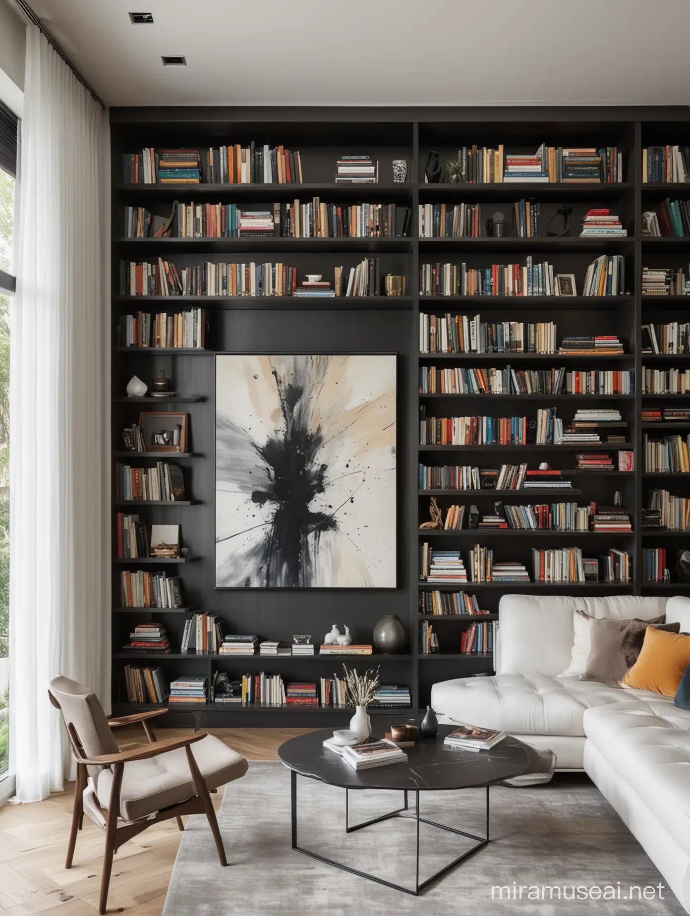 This study blends modern artistic elements, with abstract art pieces adorning the walls and shelves showcasing books with a strong design sense. The overall design is sleek and elegant, showcasing the unique charm of modern art.