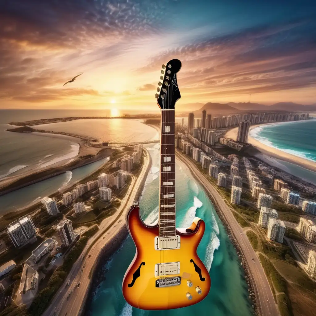 Majestic Coastal Sunset Electric Guitar with Cityscape