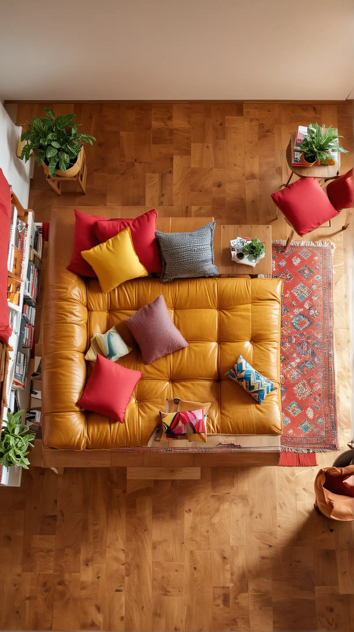 A vibrant living room with a cognac leather couch and pops of bright colors such as red cushions or a yellow throw. The space should be lively and cheerful, with a stylish and energetic feel.