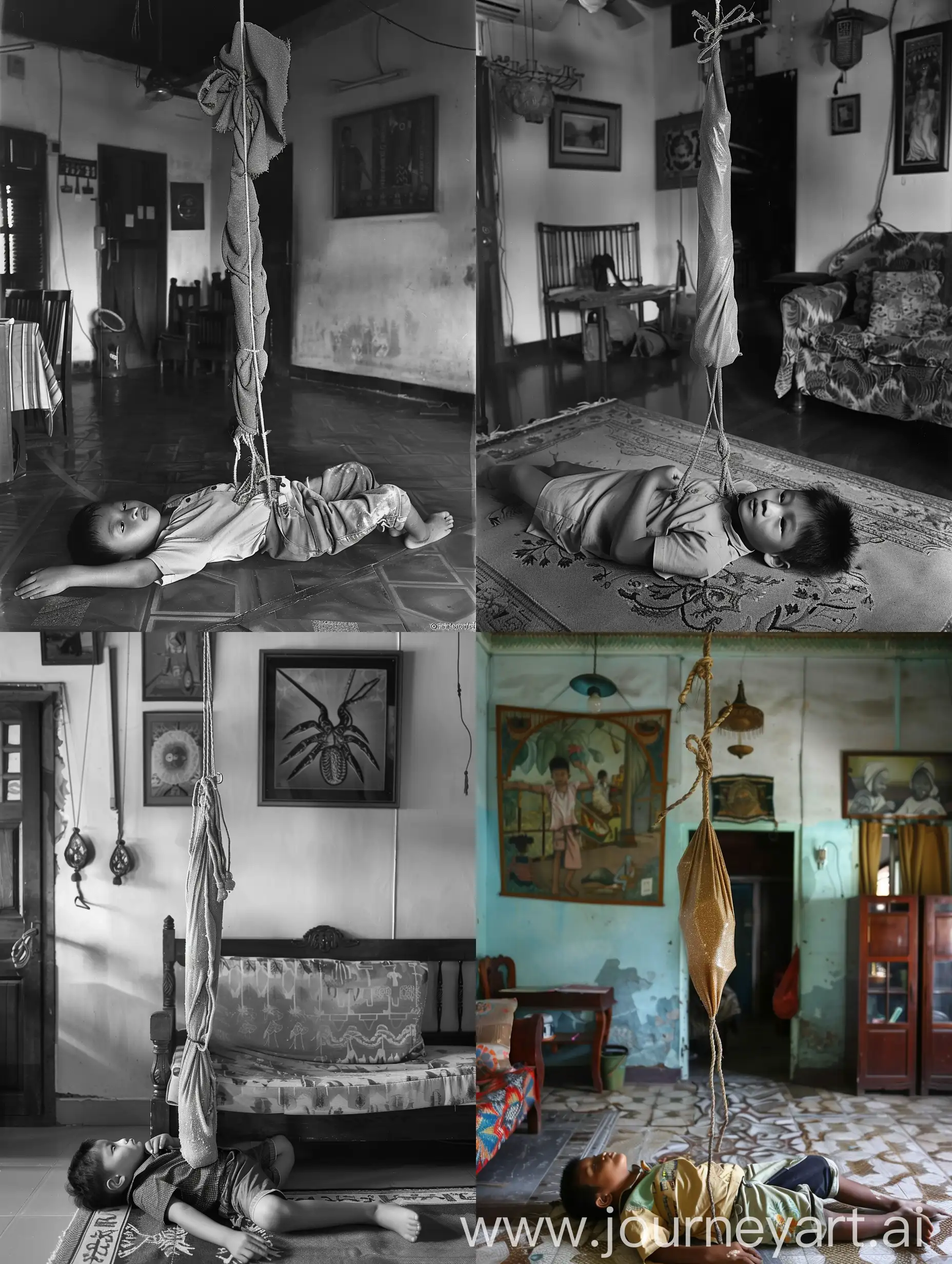Malay boy lying in the living room. the middle part up to the knees is covered with a sticky cloth tied with a rope and hung from the ceiling of the house. classic malay house.