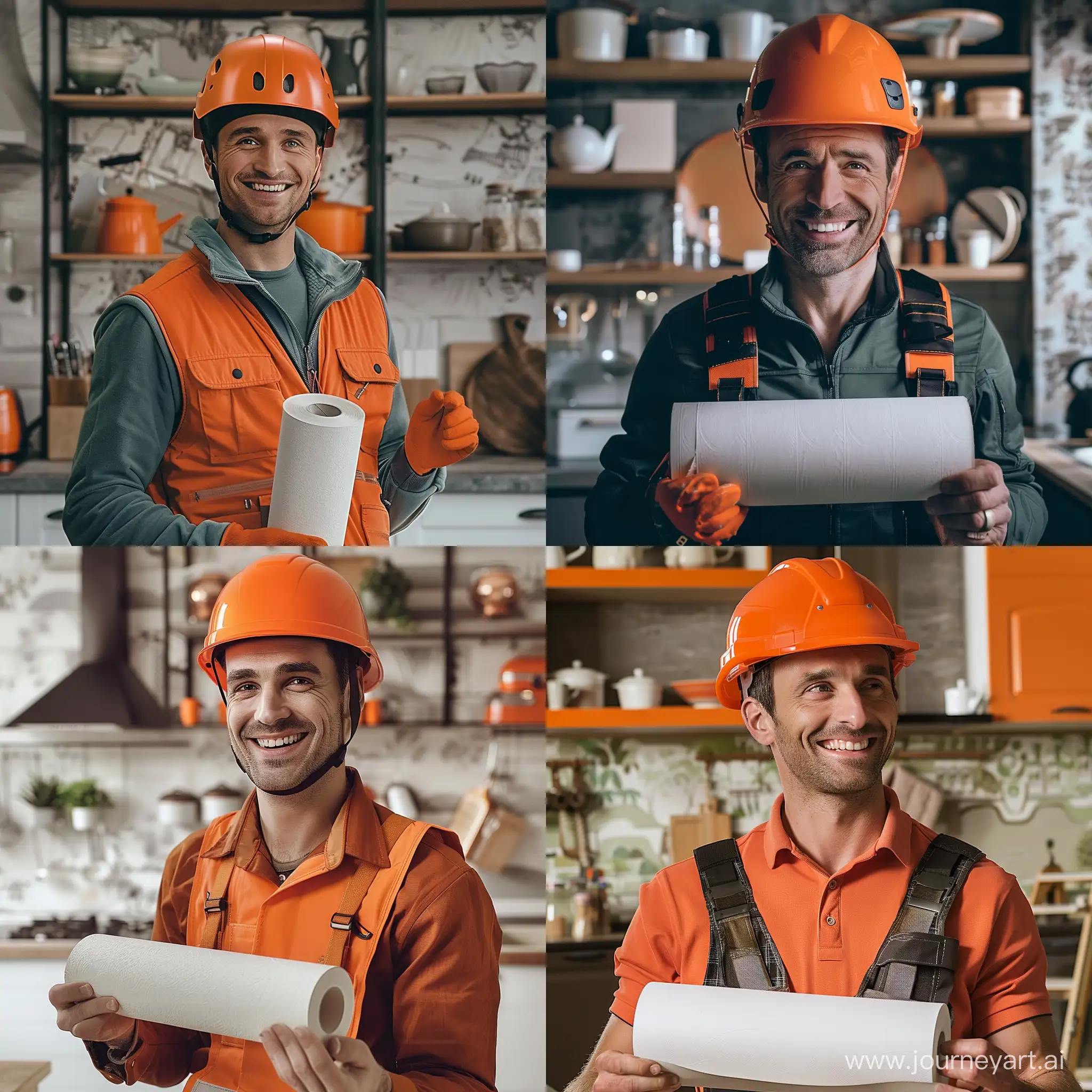 Smiling-Man-in-Orange-Helmet-Holding-Roll-of-White-Wallpaper-in-Kitchen-Set