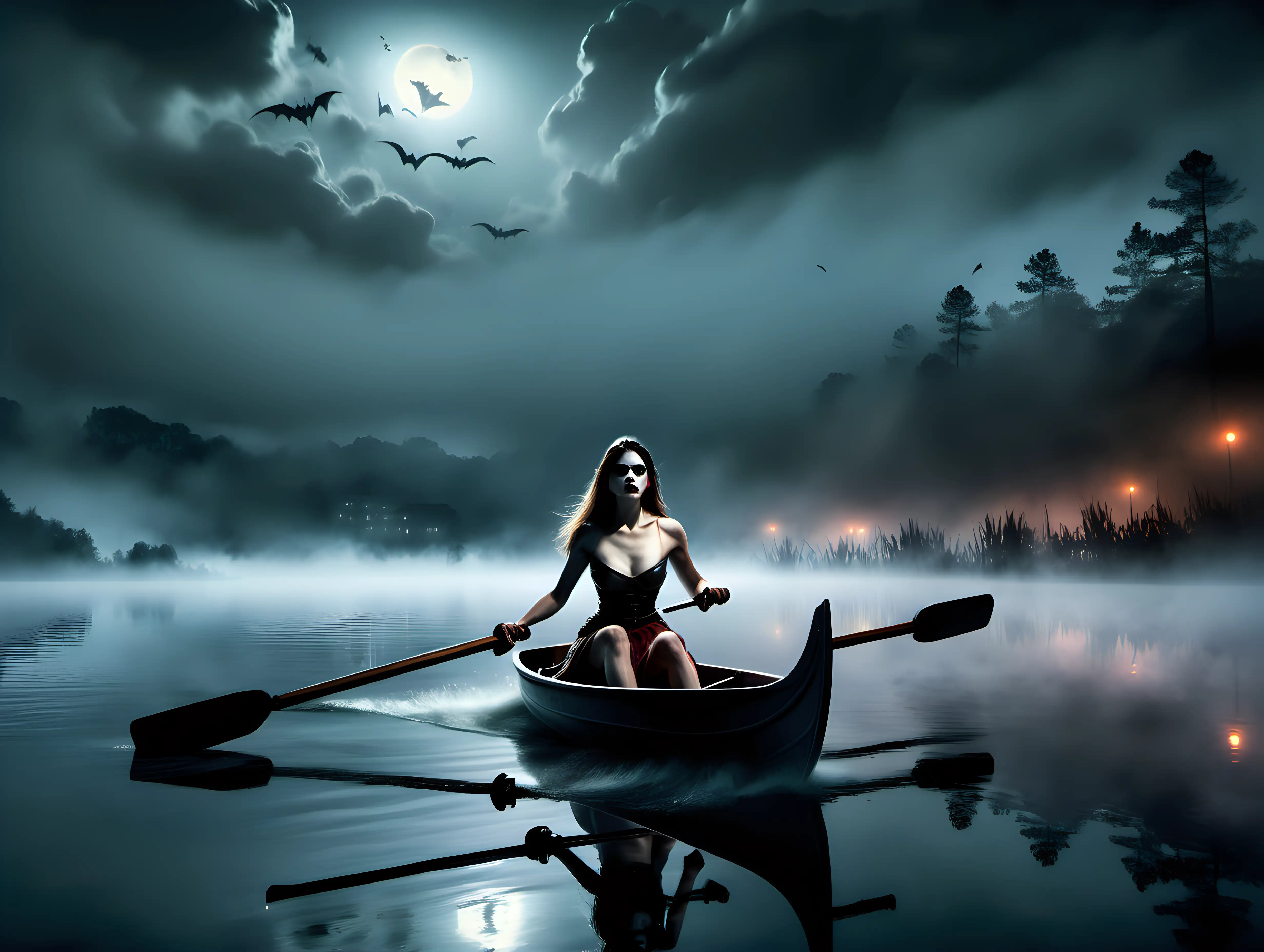 Young woman rowing across a lake late at night in heavy fog with vampire bays hovering overhead closeup photo realistic frank frazetta style