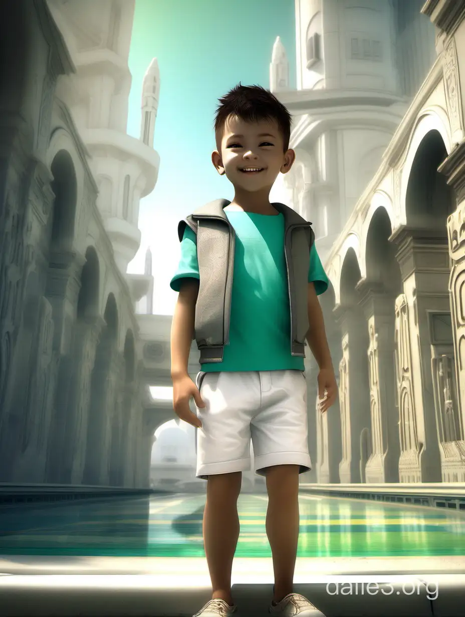 little boy， crew cut，happy， intent teal eyes, leisurely pose, White mini shorts，smile，Great Naboo City by RANGE MURATA, artgerm，8k resolution, ultrawide shot, inal lighting