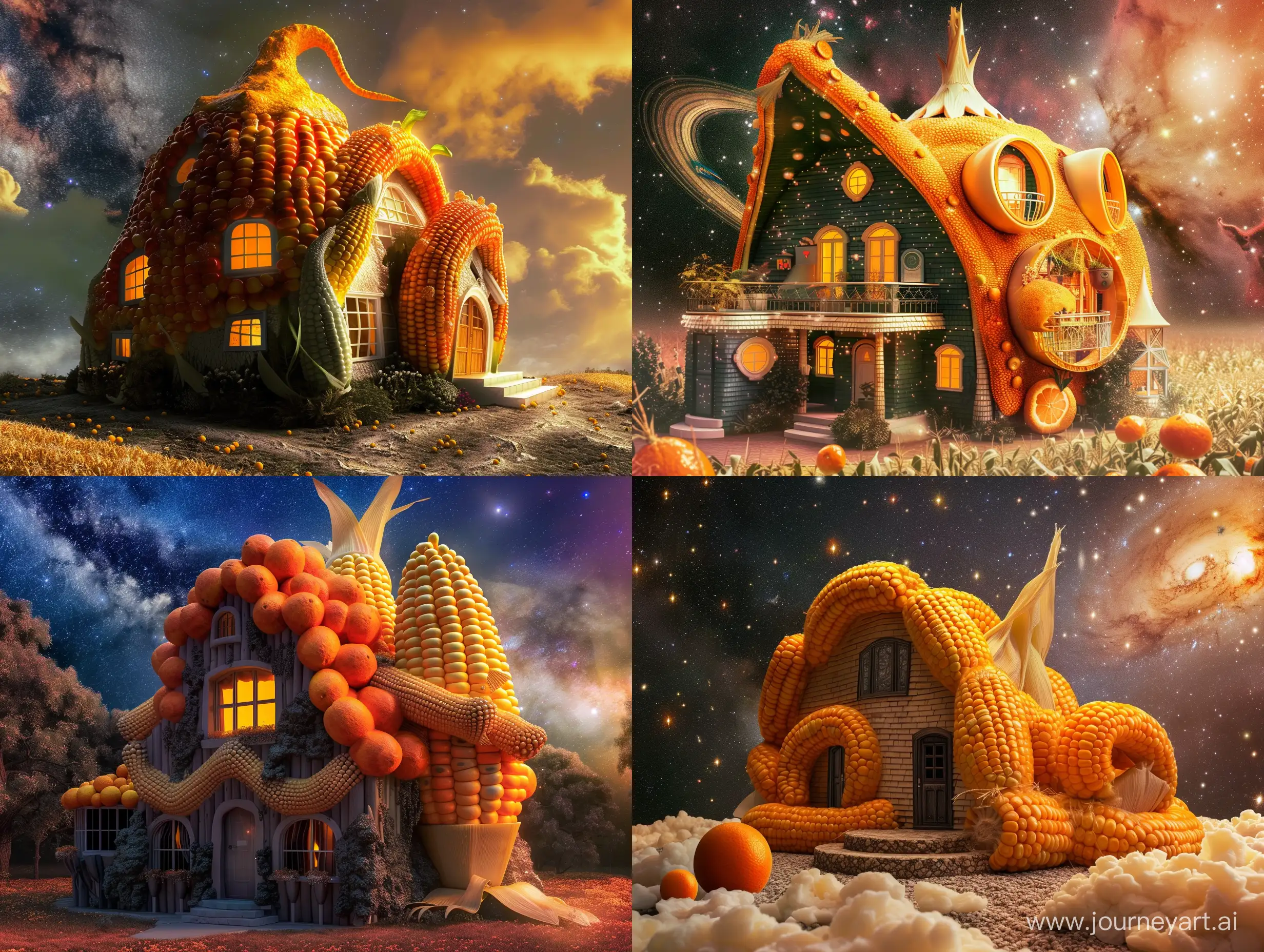 house in the shape of corn and orange, in the galaxy, fantasy style, realistic