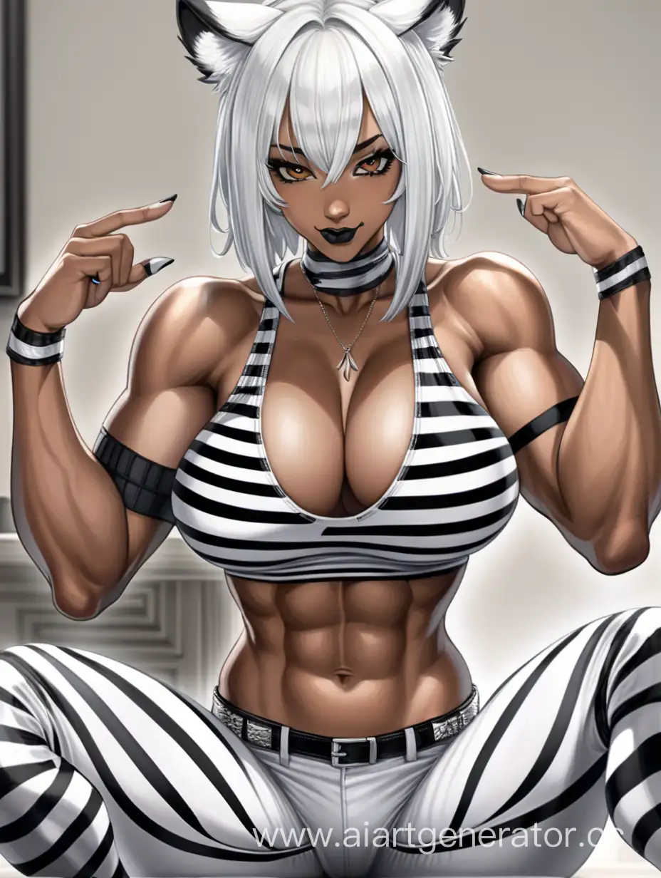 Above View, Sitting At The Table, 1 Person, Women, Beastwomen, Tiger Ears, White Hair, Black Striped Hair, Short Hair, Spiky Hairstly, Dark Ebony Brown Skin, White T-Shirt, White Pants,  Perfect hands, five finger, Choker, Black Lipstick, Seriuos Smile, Brown Eyes, Sharp Eyes, Perfectly Symmetrical Body, Tall Body, Massive Breasts, Muscular Detailed Arms, Muscular Legs, Well-toned Body, Muscular Body, Well-toned Abs, Hard Abs, Detailed Abs,  Tiger Stripes,  Striped stockings, Tiger tail, 